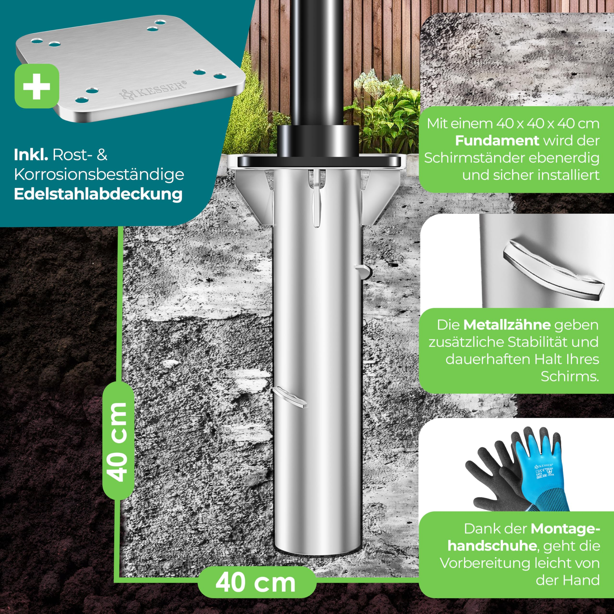 Schéma d'un pied de parasol en métal installé dans du béton avec plaque en inox et dimensions.