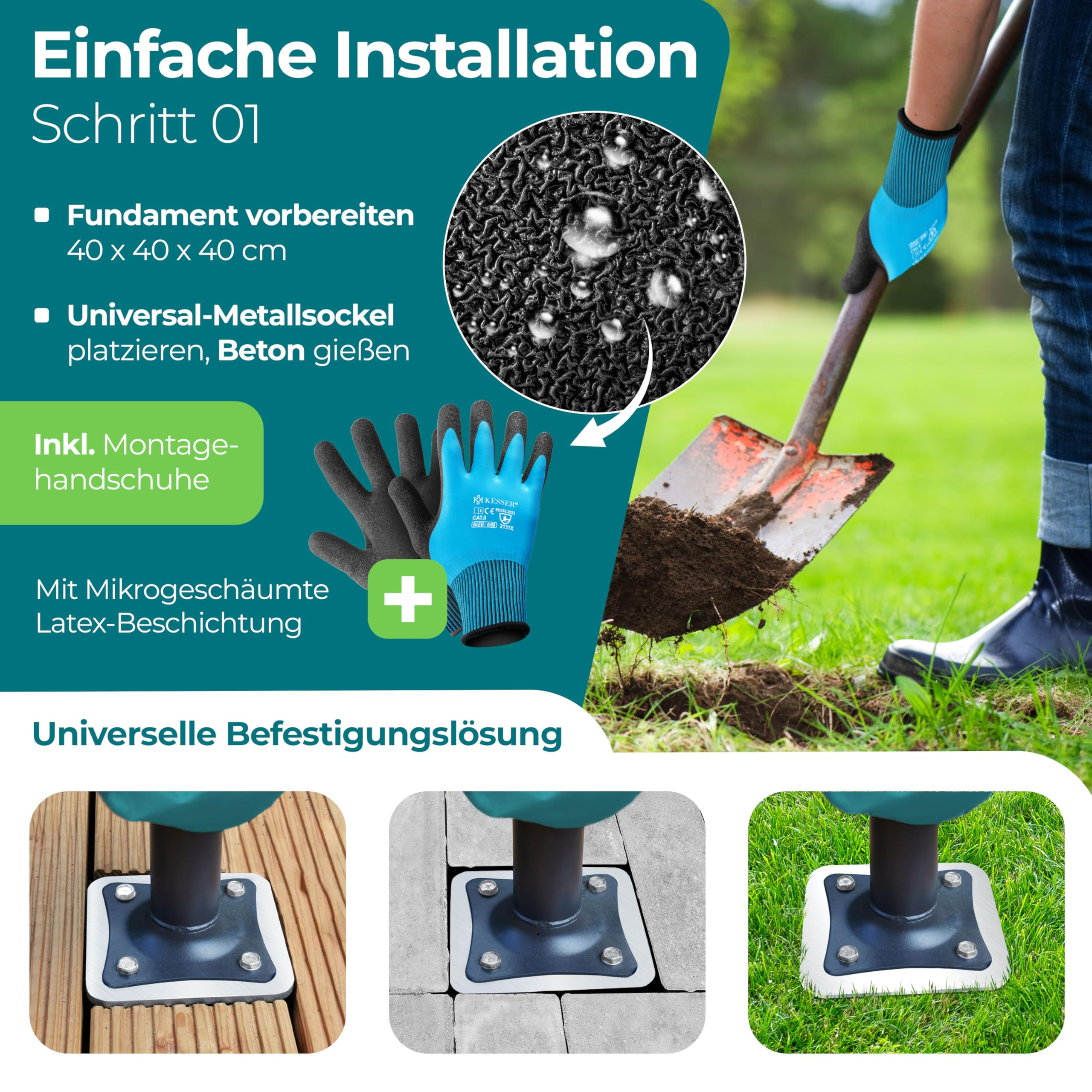 Guide d'installation avec pelle, gants et diverses options de fixation au sol.