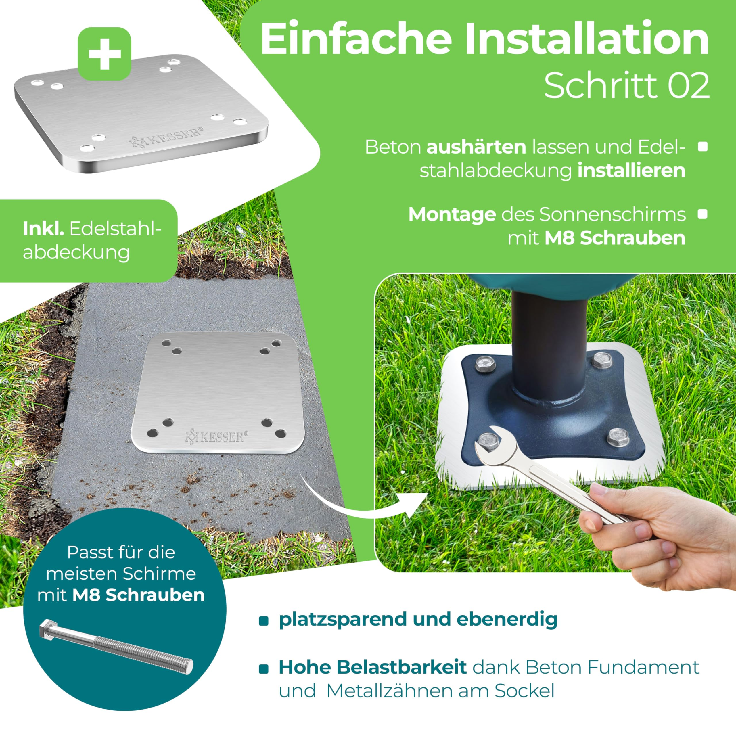 Guide d'installation d'un parasol avec plaque en acier inoxydable et vis M8 dans la base en béton.