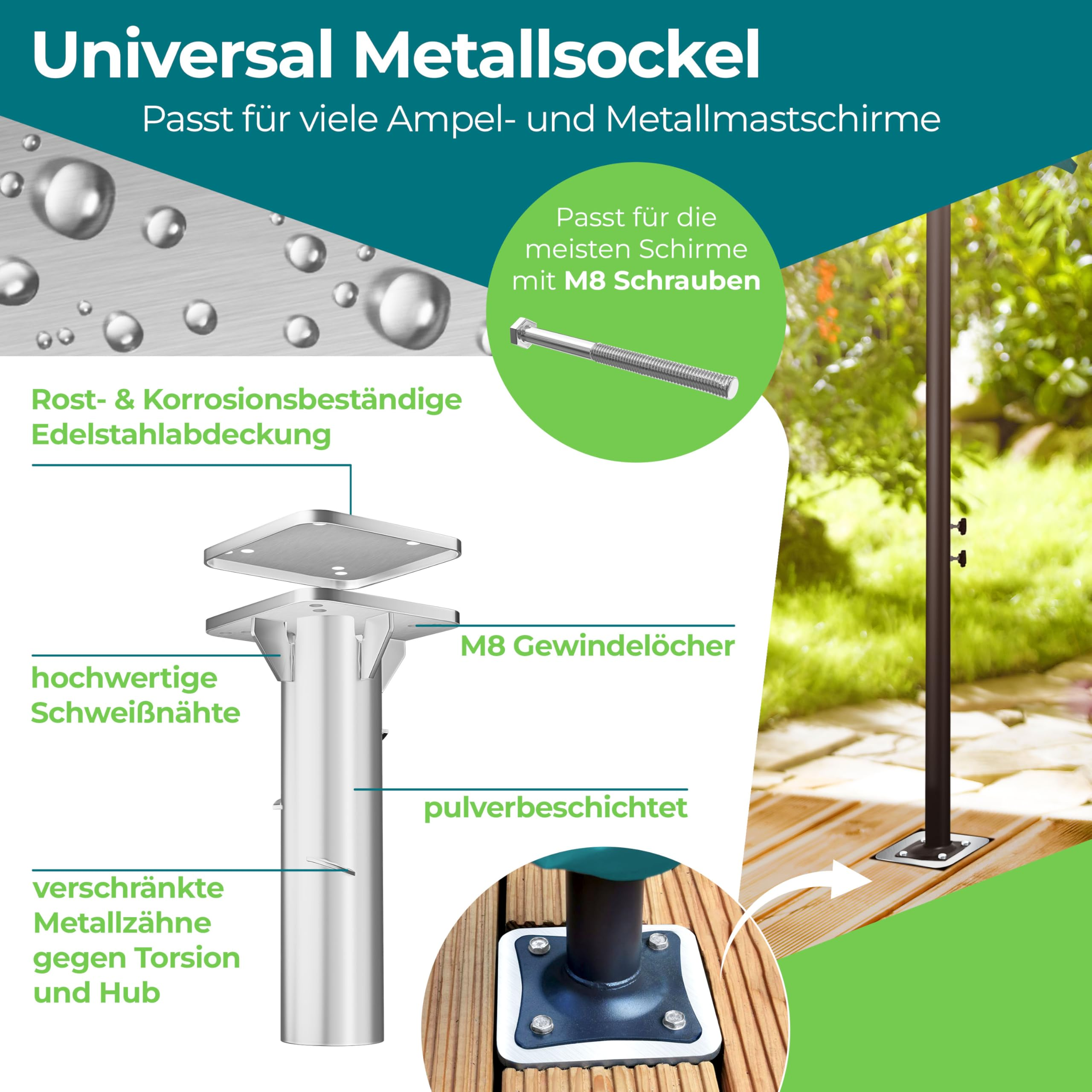 Socle métallique universel pour parasols déportés en acier inoxydable avec trous filetés M8 et tube revêtu.
