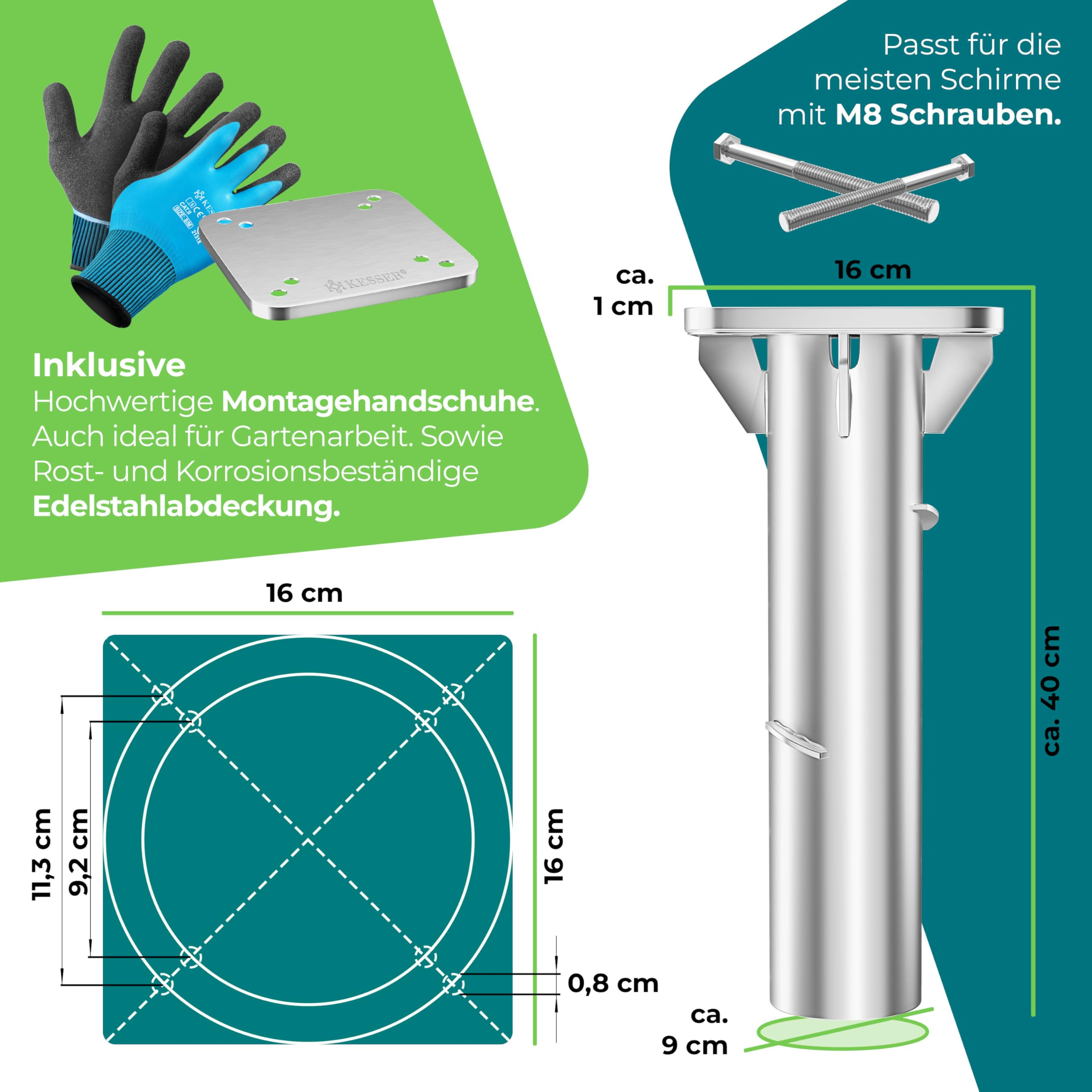 Dessin technique et dimensions d'un ancrage de sol en acier inoxydable avec gants et vis.