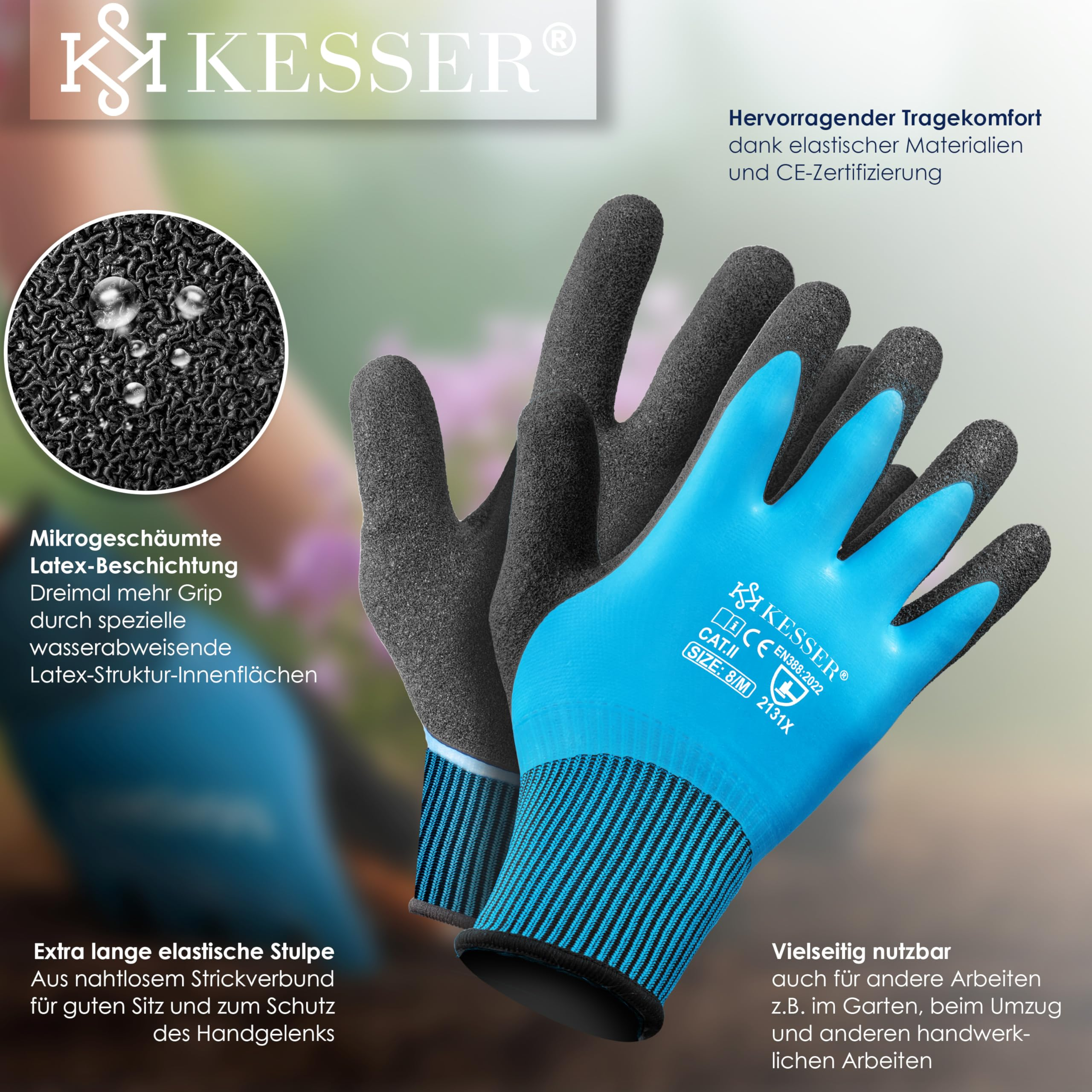 Gants de travail bleus et noirs avec paumes enduites de latex et logo Kesser.