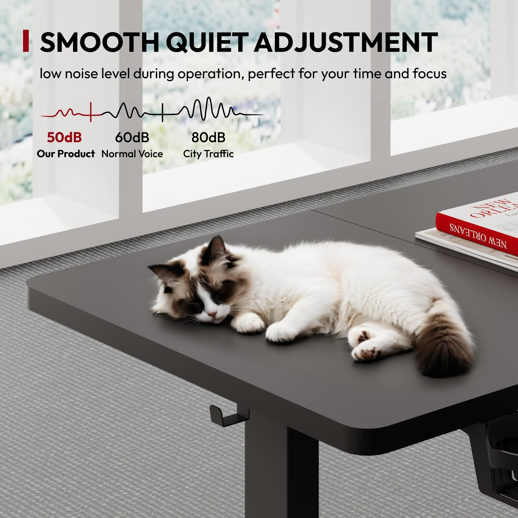 Un chat blanc et brun dort paisiblement sur un bureau noir devant une grande fenêtre.