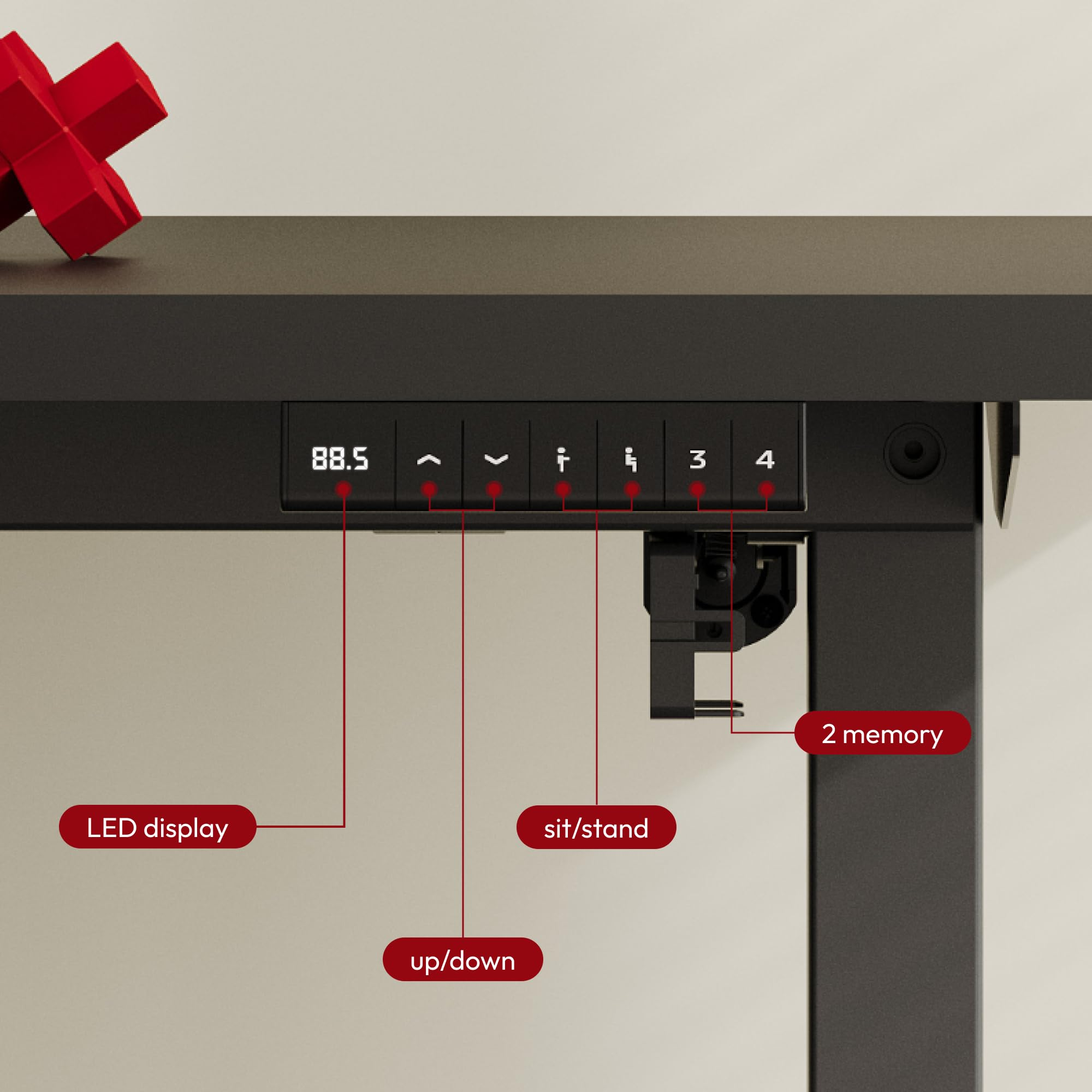 Panneau de contrôle de bureau debout avec écran LED, boutons haut/bas, mode assis/debout et touches mémoire.