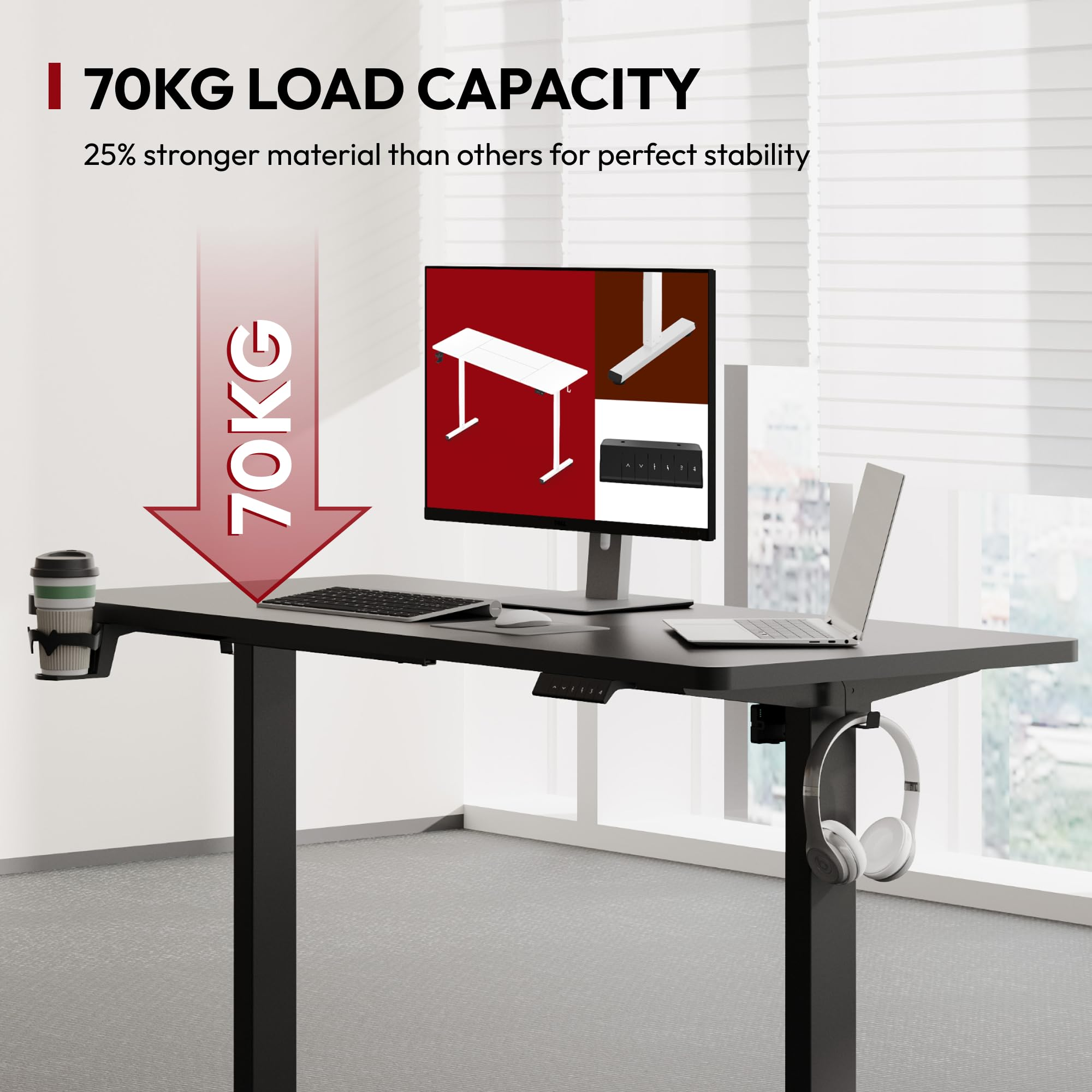 Bureau debout avec capacité de charge de 70 kg, moniteur, ordinateur portable, porte-gobelet et casque.