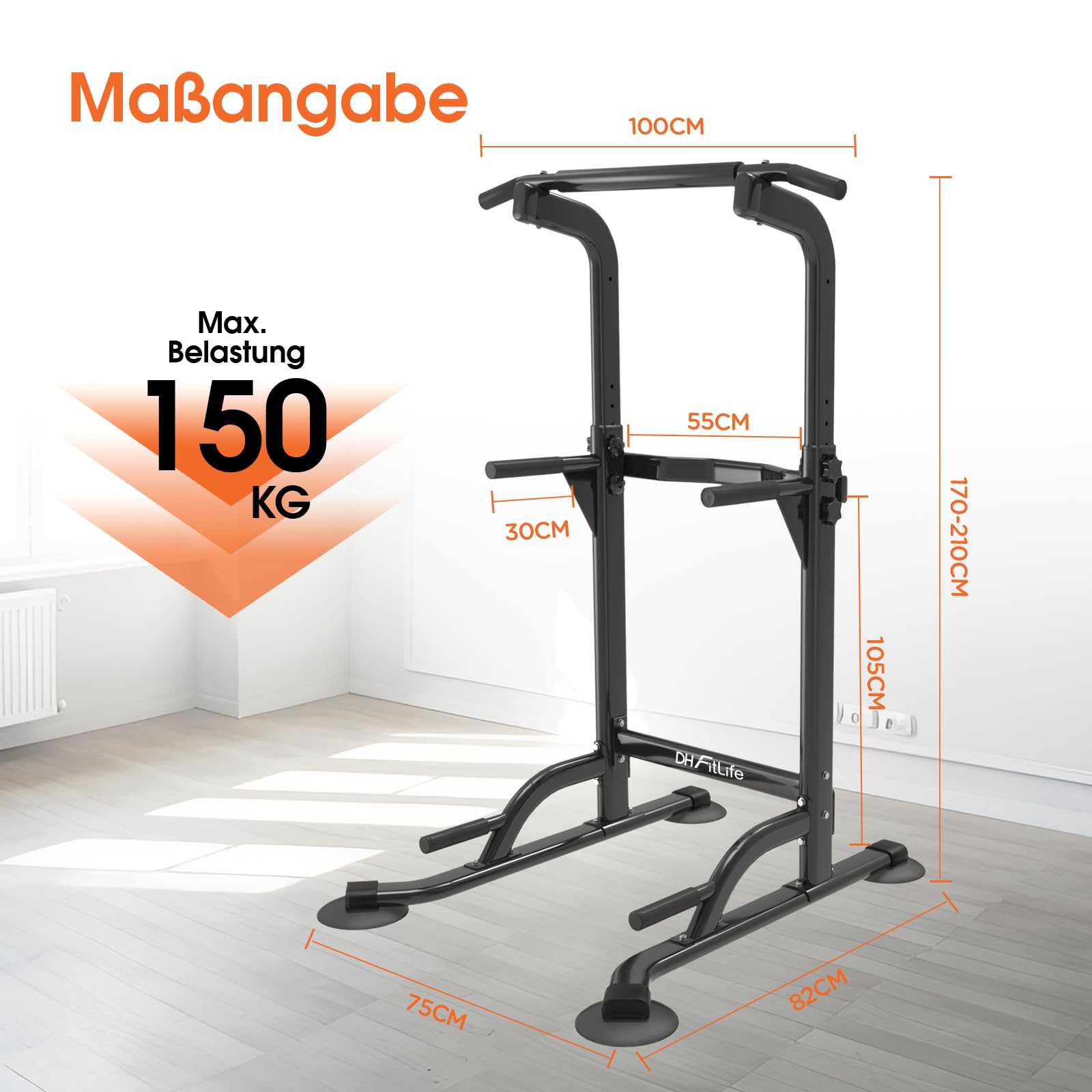 Schwarze Klimmzugstange mit Maßen und 150 kg Belastbarkeit.