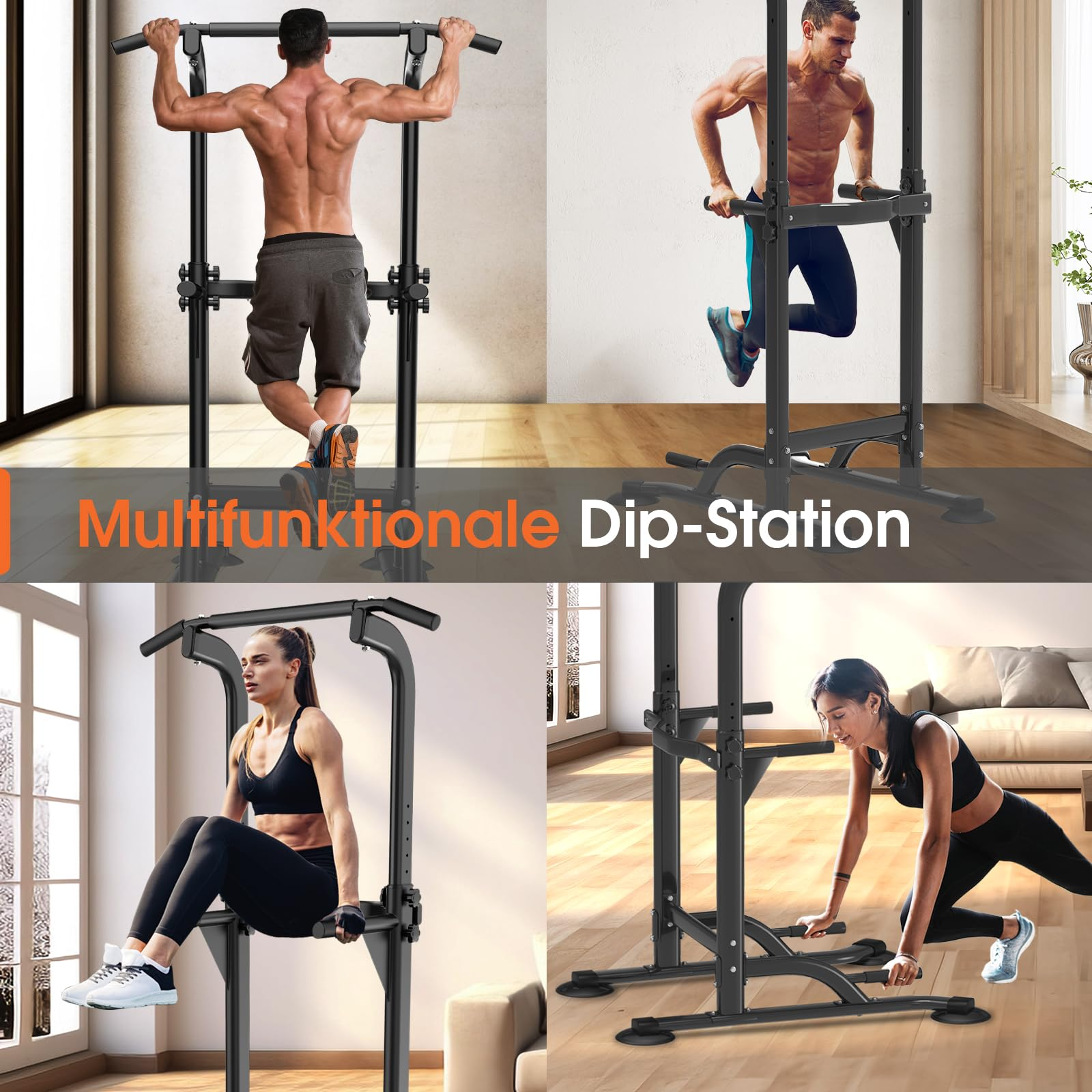 Vier Fitnessbilder zeigen Mann und Frau bei Übungen an einer schwarzen Multifunktions-Dip-Station.