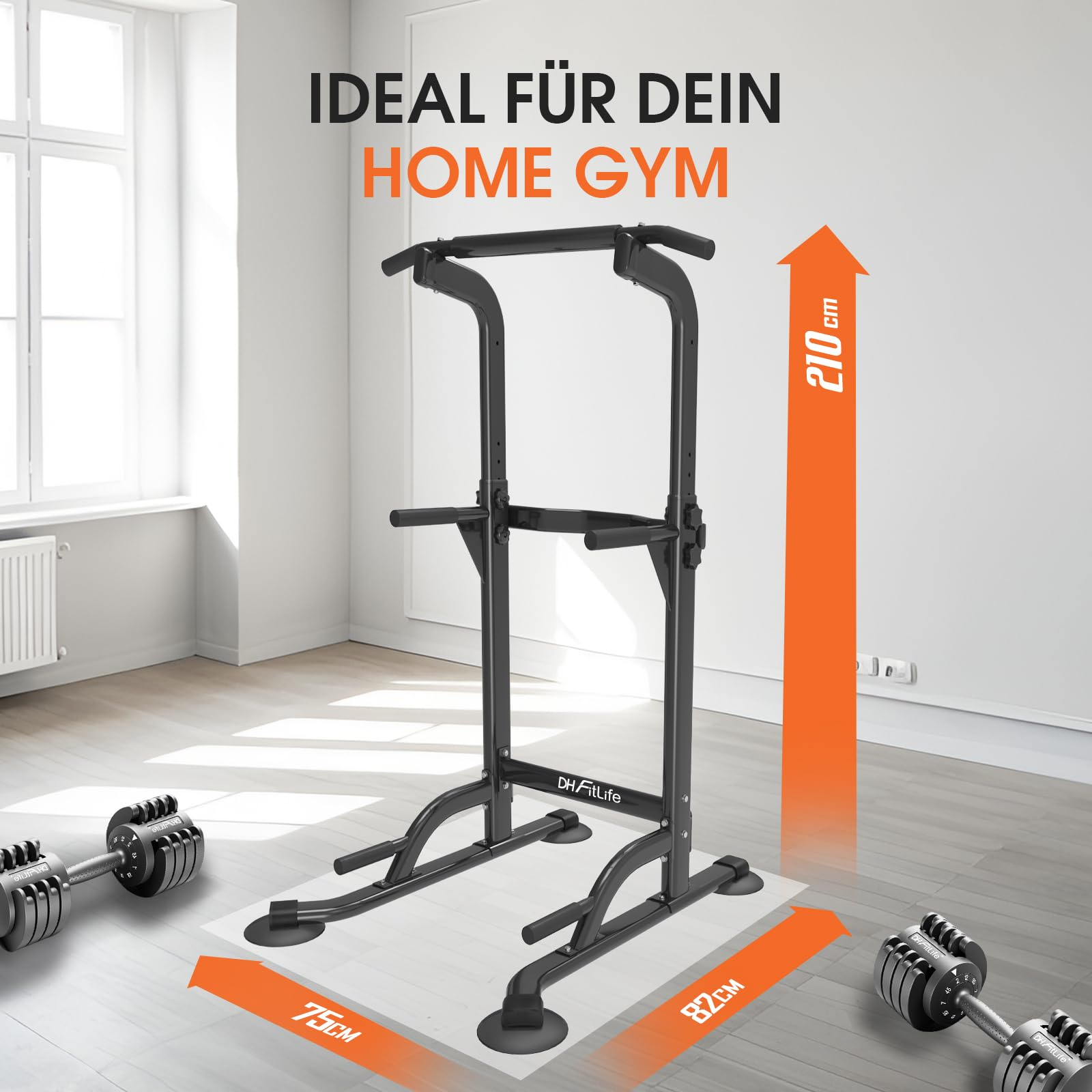 Schwarze Klimmzugstange für das Home-Gym mit Maßen (210x75x82 cm) und zwei verstellbaren Hanteln.