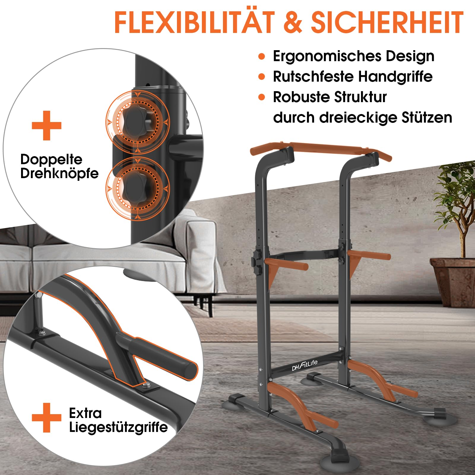 Ein Kraftturm für Heimfitness mit Doppeldrehknöpfen, Liegestützgriffen und stabilen Dreiecksstützen in einem Raum.