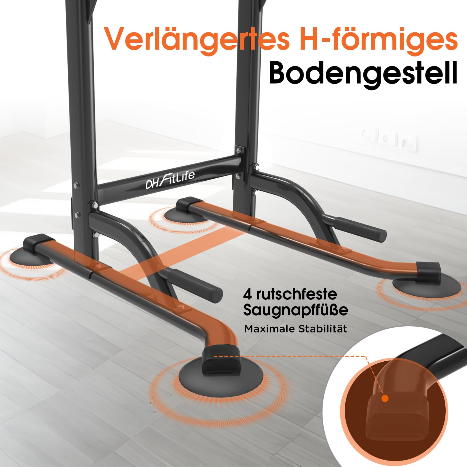 Stabiles H-förmiges Fitnessgerät-Bodengestell mit vier rutschfesten Saugnapffüßen auf hellem Boden.