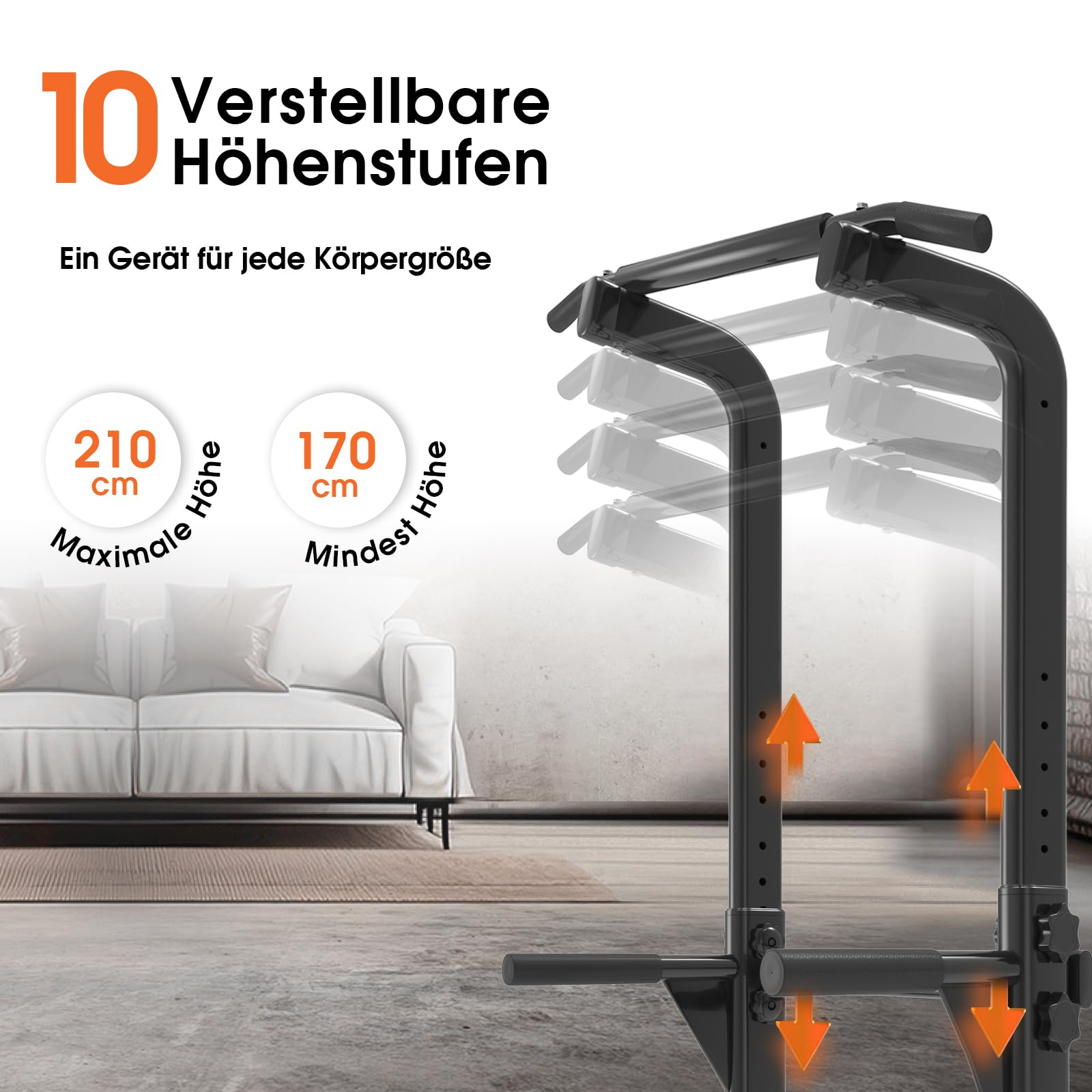 Verstellbare Klimmzugstange mit Höhen von 170 bis 210 cm in einem modernen Raum.