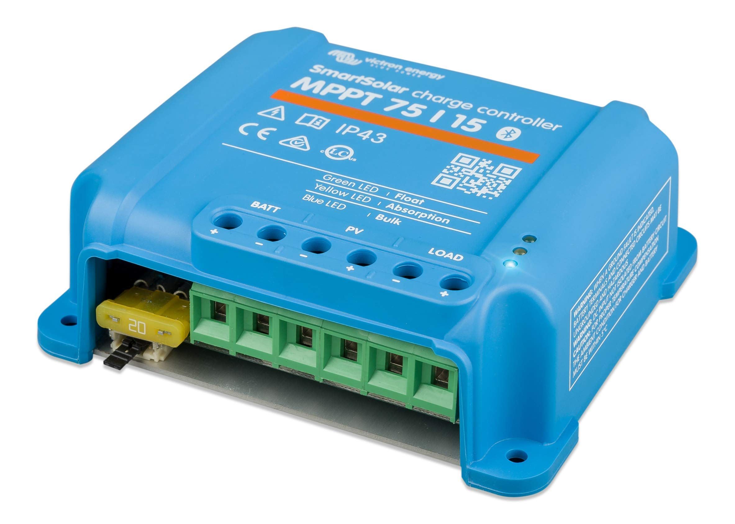 Un regolatore di carica SmartSolar Victron Energy blu con morsetti a vite verdi e indicatori LED.