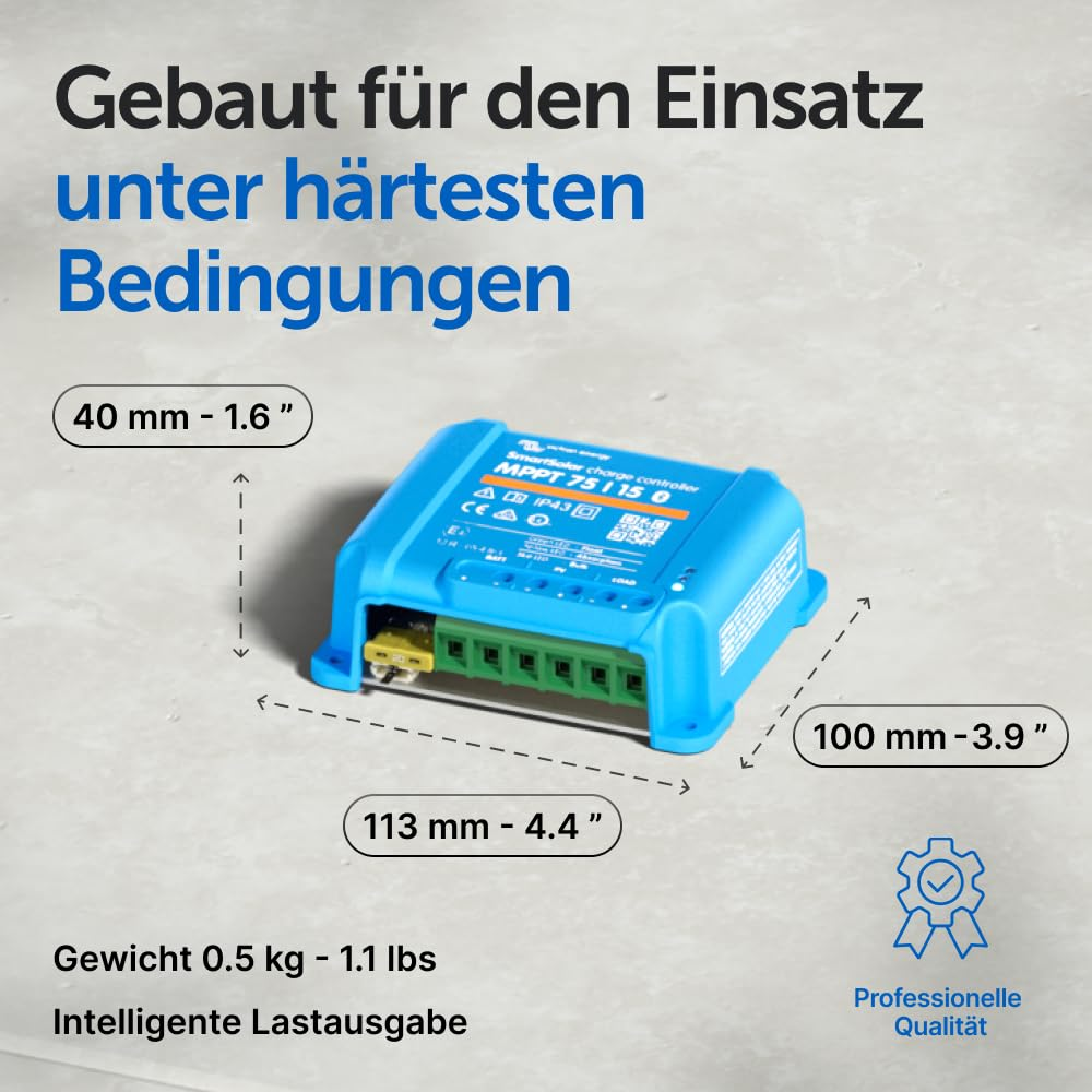 Un regolatore di carica solare blu con dimensioni e testo in tedesco sulla durata.