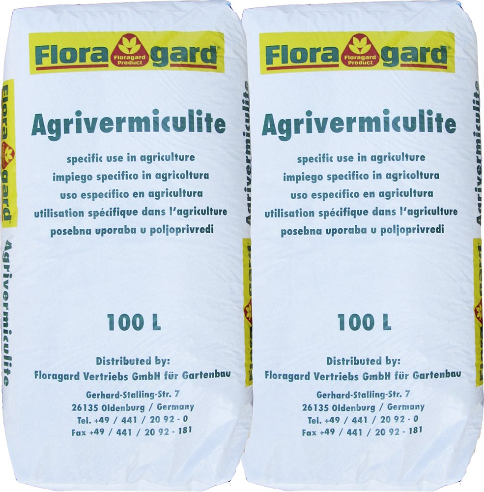 Deux sacs blancs Floragard Agrivermiculite de 100 litres chacun, texte vert et logo jaune.