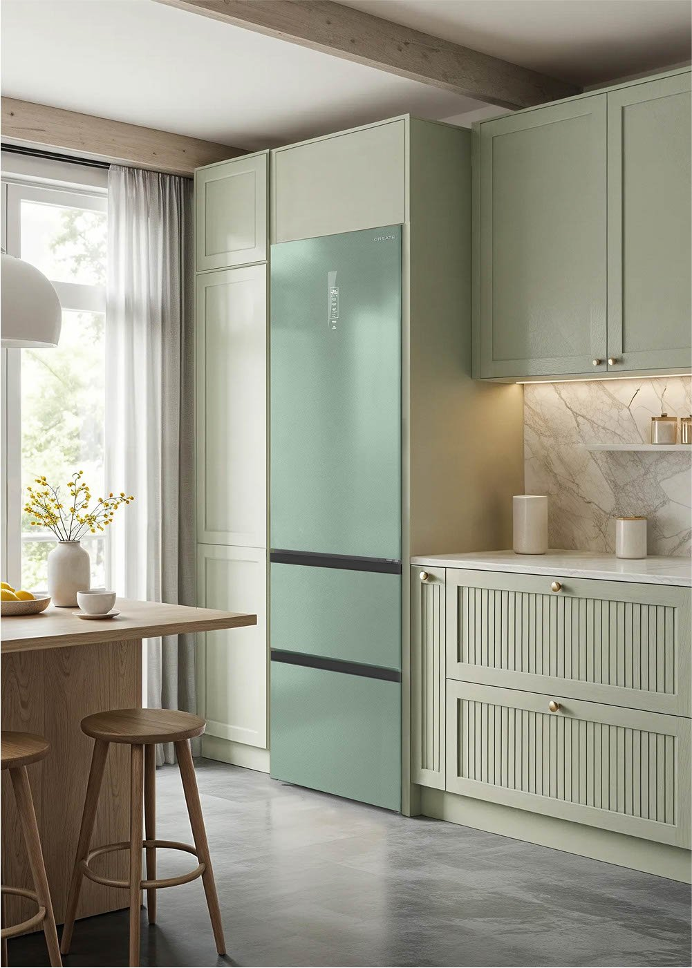 Moderna cocina con armarios verde claro, frigorífico a juego, encimera de mármol y mesa de madera.