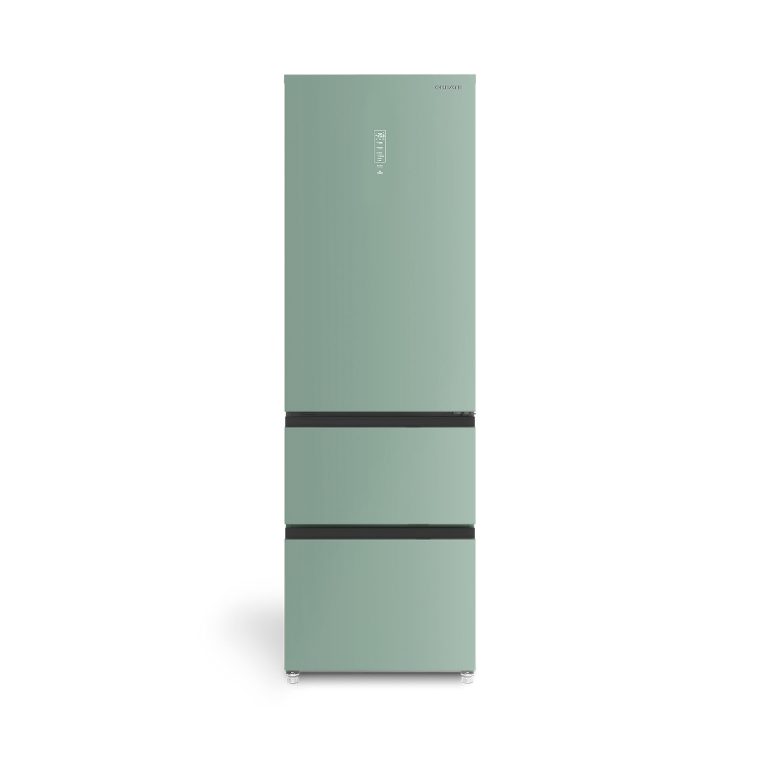 Un refrigerador moderno verde salvia con pantalla vertical y tres cajones inferiores sobre fondo blanco.