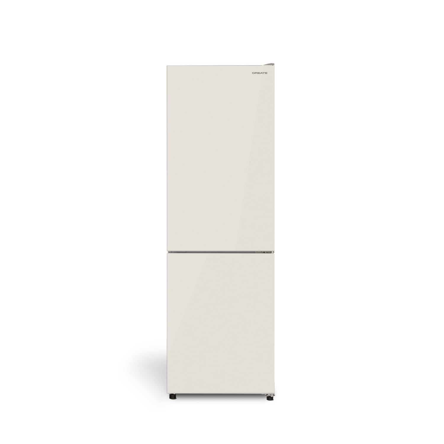 Un refrigerador beige brillante con congelador inferior sobre fondo blanco.