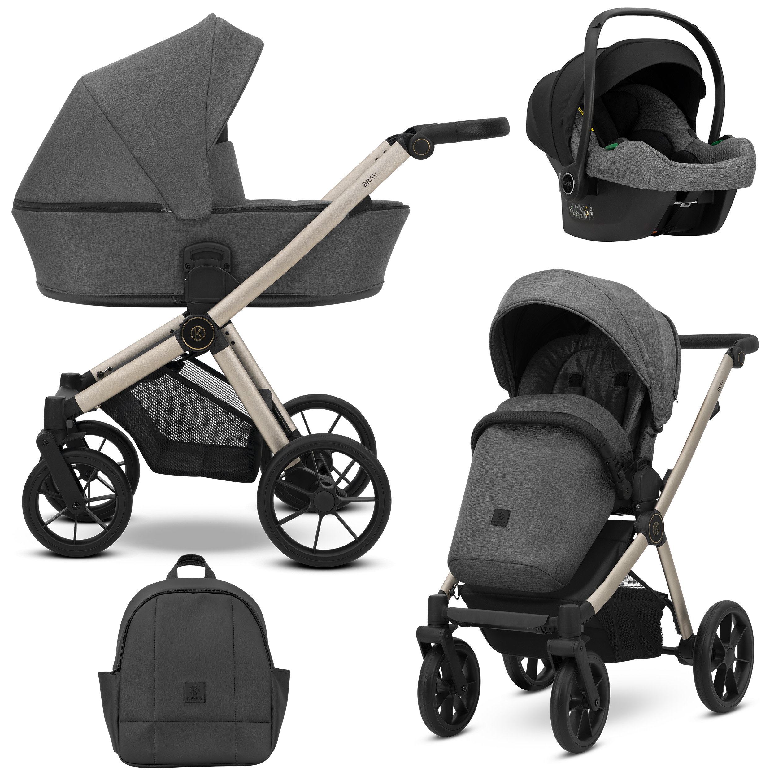 Grauer Kombi-Kinderwagen mit Gestell, Babyschale, Sportsitz, Autositz und passendem Rucksack auf weißem Hintergrund.