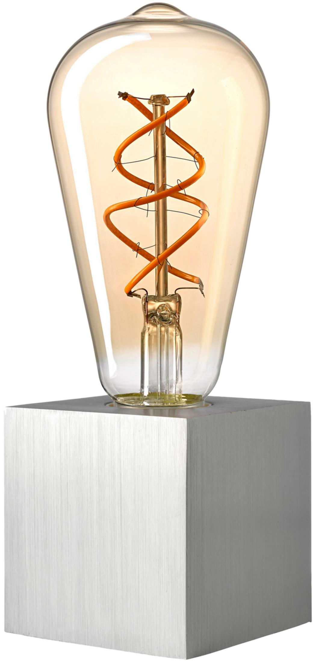 Une ampoule avec un filament spiralé orange repose sur une base carrée argentée.