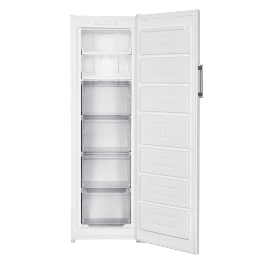 Un congélateur armoire blanc avec la porte ouverte, montrant des étagères et quatre tiroirs transparents.