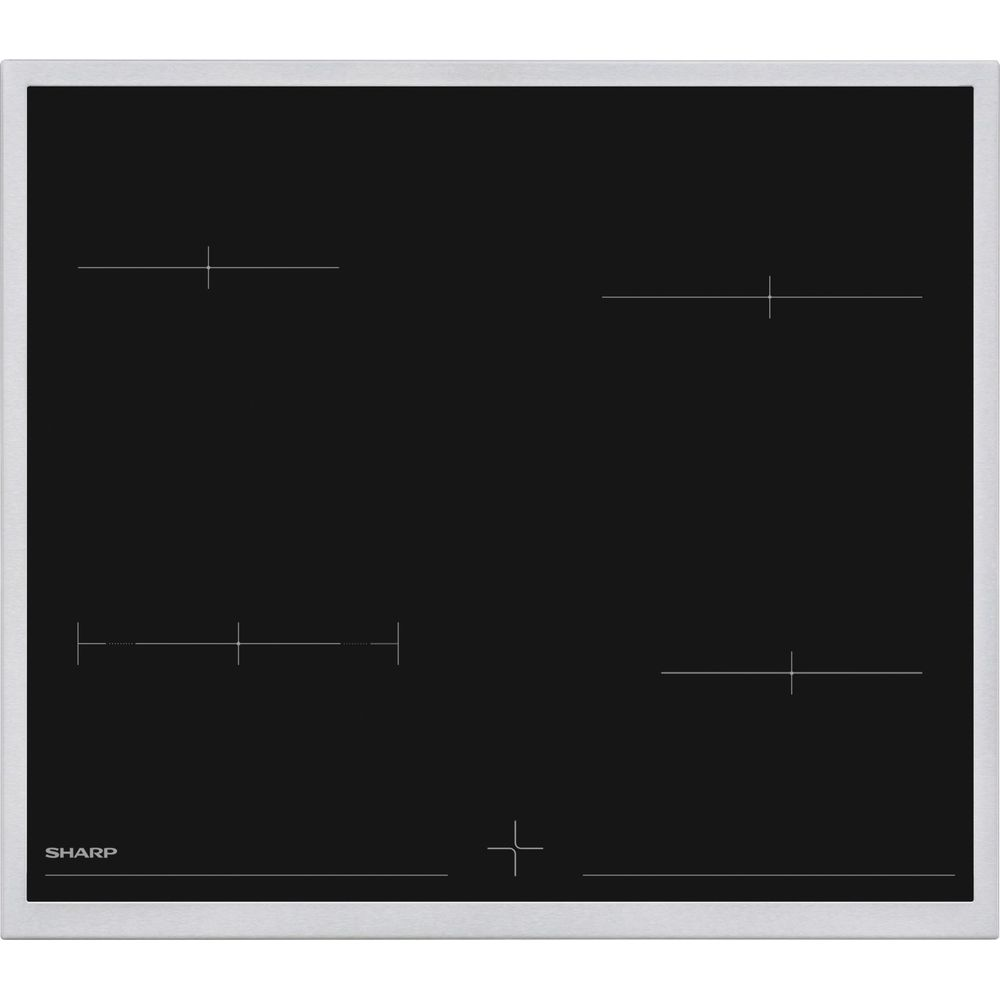 Plaque à induction noire avec cadre en inox et quatre zones, logo Sharp en bas à gauche.