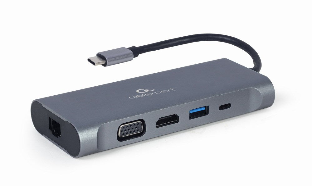 Ein grauer USB-C-Multiport-Hub mit verschiedenen Anschlüssen und Kabel auf weißem Hintergrund.