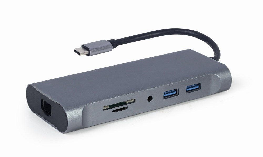 Ein grauer USB-C-Multiport-Hub mit verschiedenen Anschlüssen und Kabel auf weißem Hintergrund.