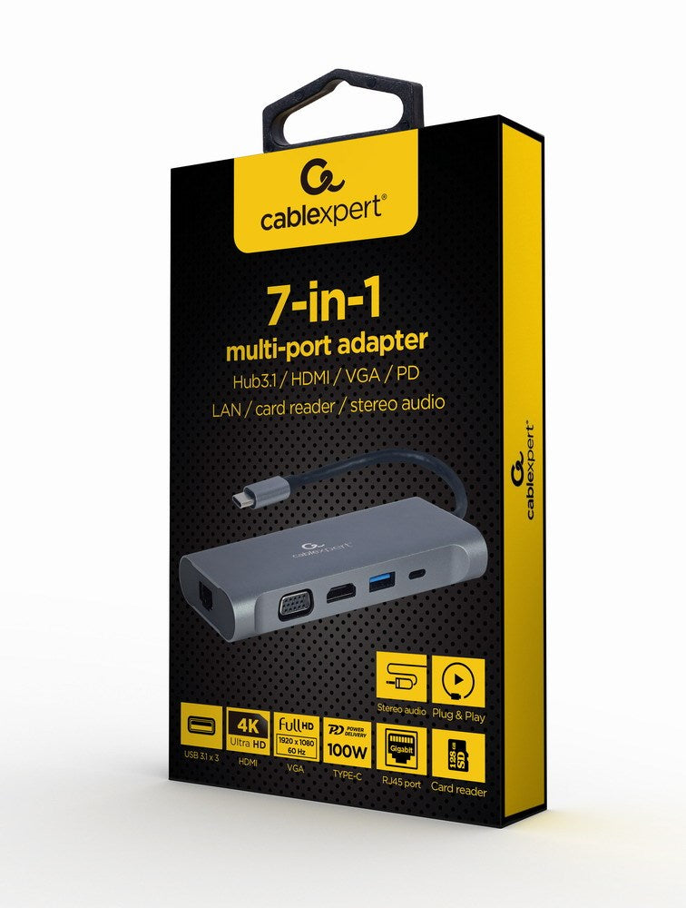 Verpackung eines Cablexpert 7-in-1 Multiport-Adapters mit grauem Hub in der Mitte und gelb-schwarzem Design.