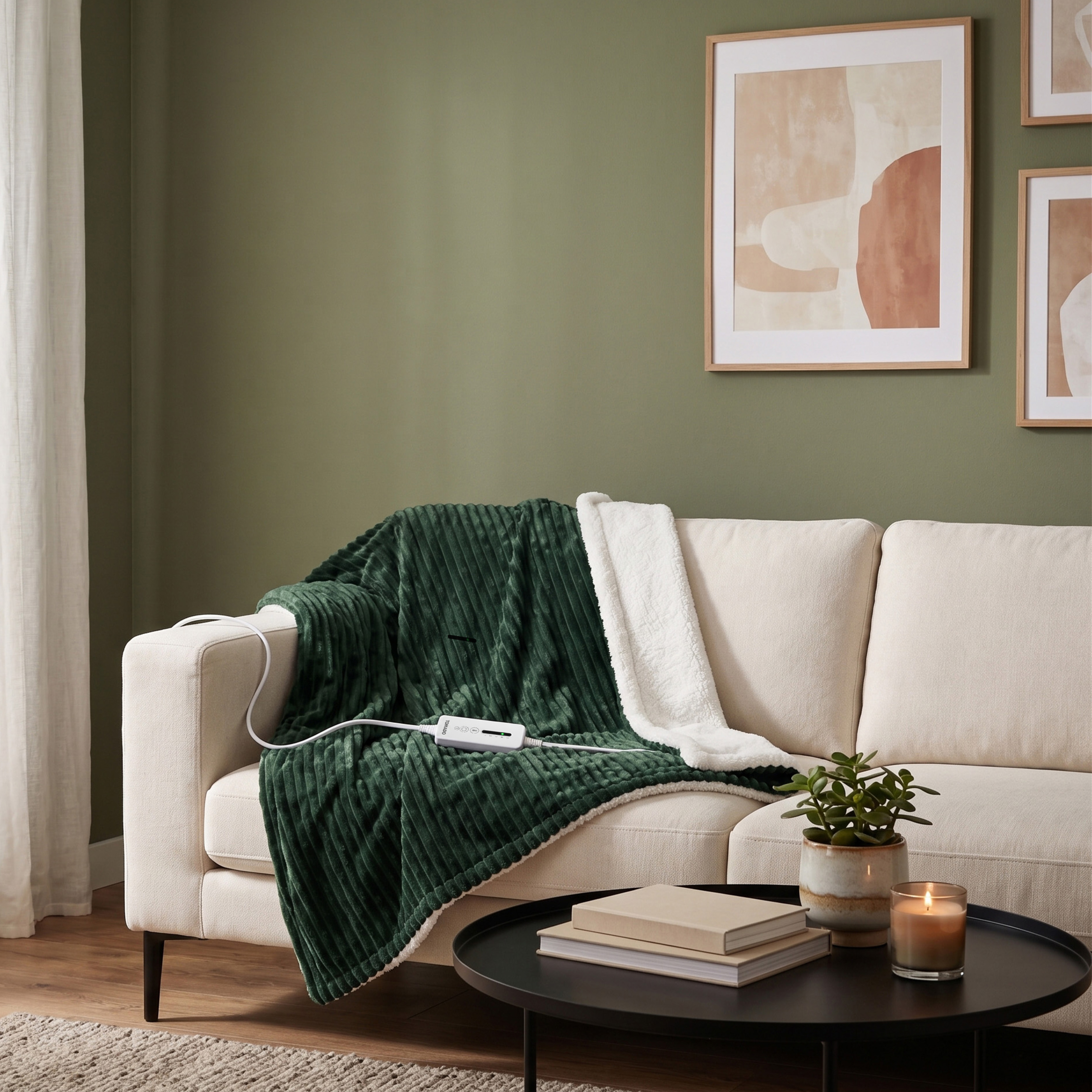 Un canapé crème avec une couverture chauffante verte, une table basse noire avec des livres, une plante et une bougie.