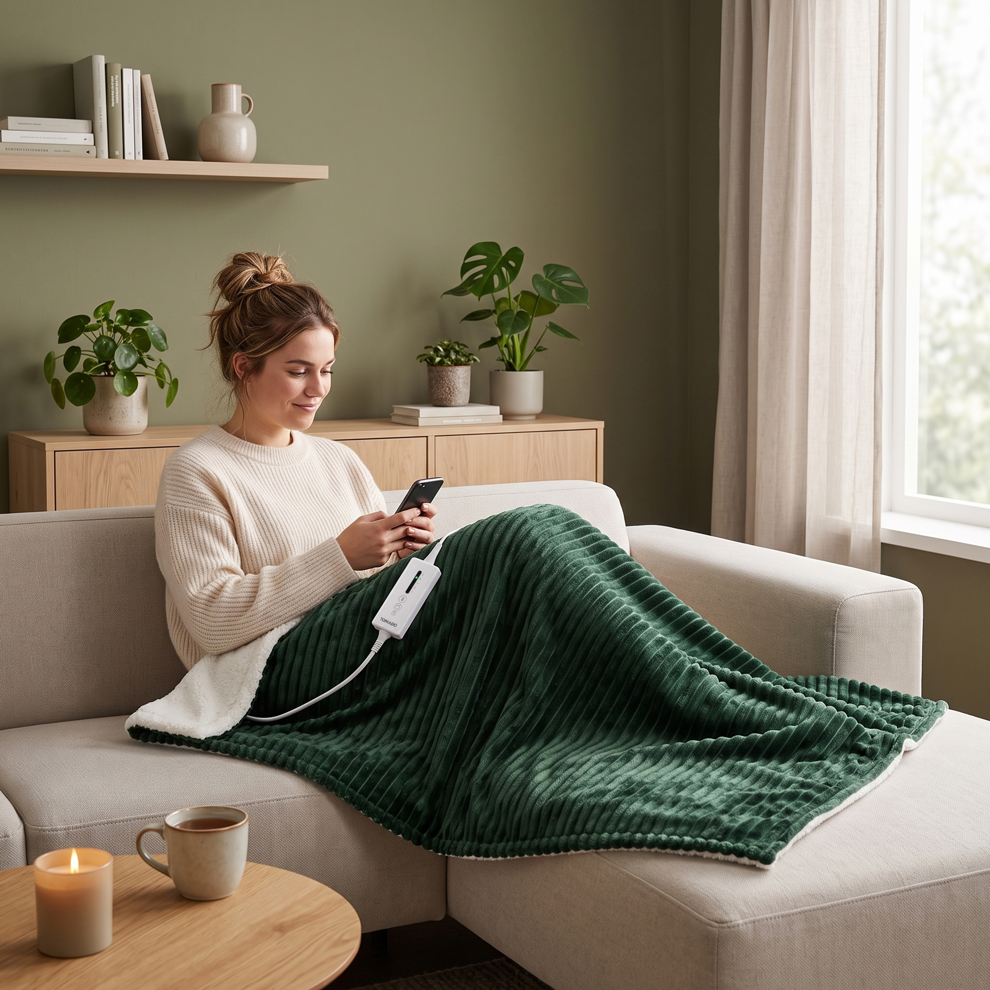 Une femme se détend sur un canapé beige sous une couverture chauffante verte, souriant en regardant son smartphone.