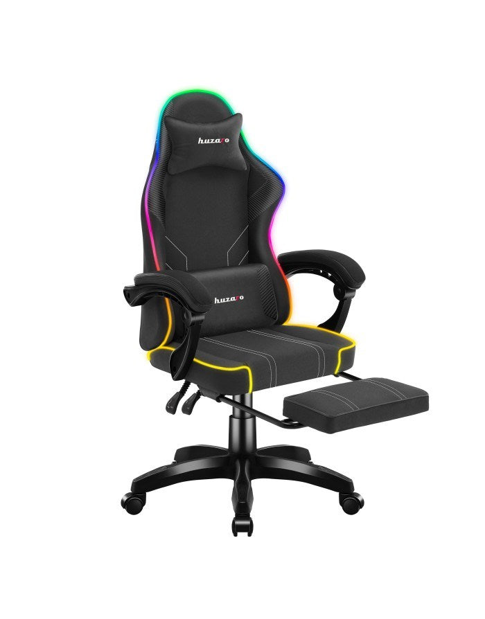 Czarny fotel gamingowy z oświetleniem RGB, poduszkami i wysuwanym podnóżkiem.