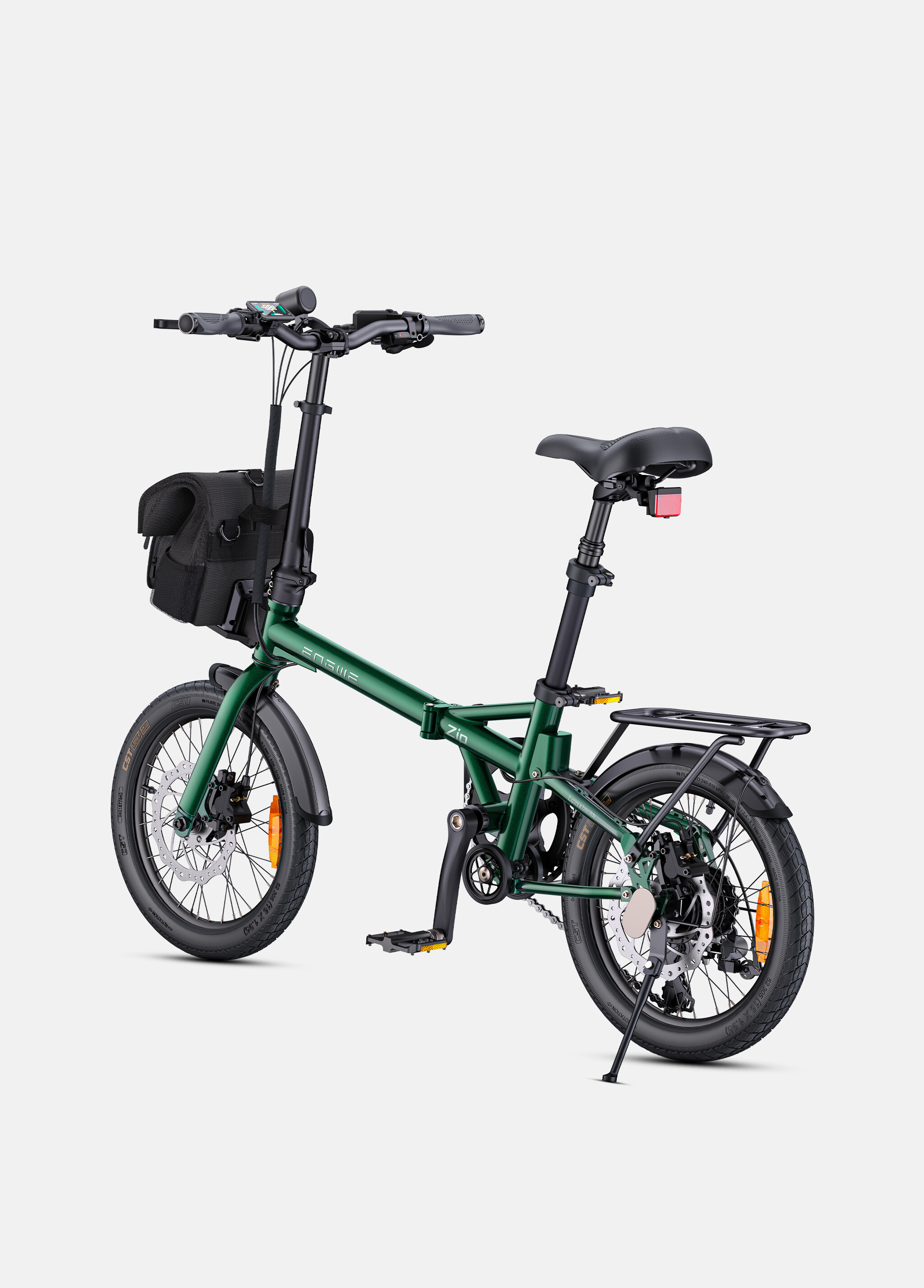 Una bicicletta pieghevole verde con portapacchi nero, borsa da manubrio e freni a disco.