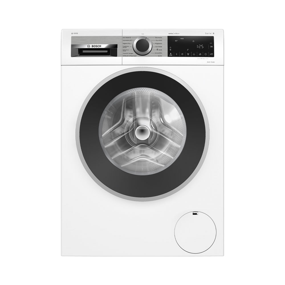 Eine weiße Bosch Frontlader-Waschmaschine mit digitalem Display, Drehregler und großem Bullauge vor weißem Hintergrund.