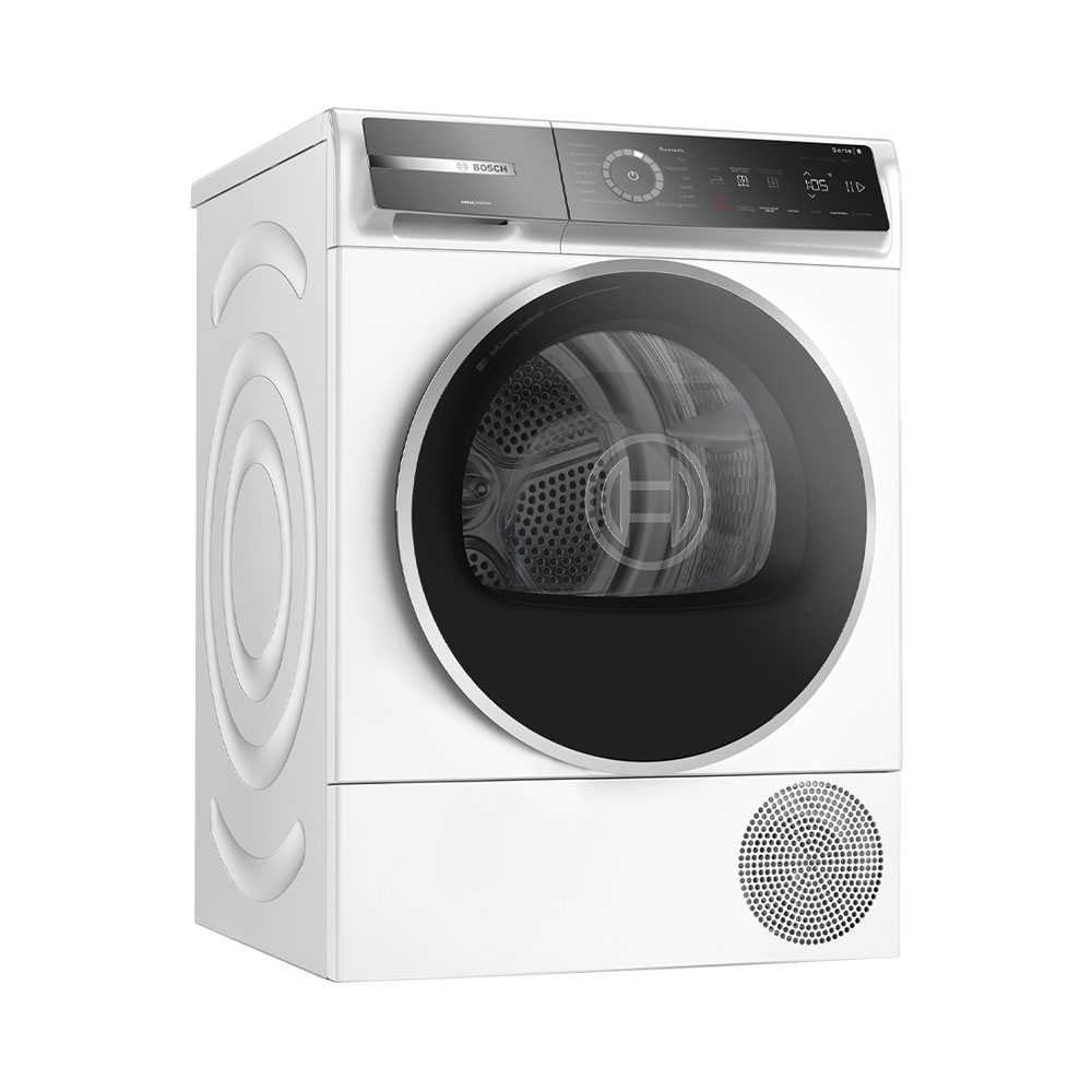 Un séchoir à linge blanc Bosch moderne avec panneau de commande noir sur fond blanc.