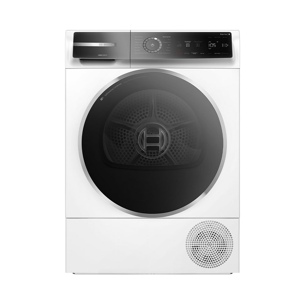 Un sèche-linge blanc Bosch avec hublot noir et panneau de commande numérique.