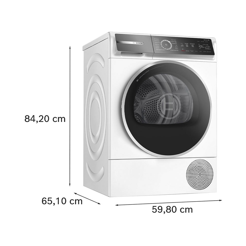 Sèche-linge blanc Bosch avec dimensions : hauteur 84,20 cm, largeur 59,80 cm, profondeur 65,10 cm.