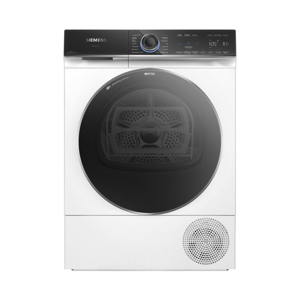 Frontansicht eines weißen Siemens iQ700 Trockners mit schwarzer Bedienblende und großem Bullauge.