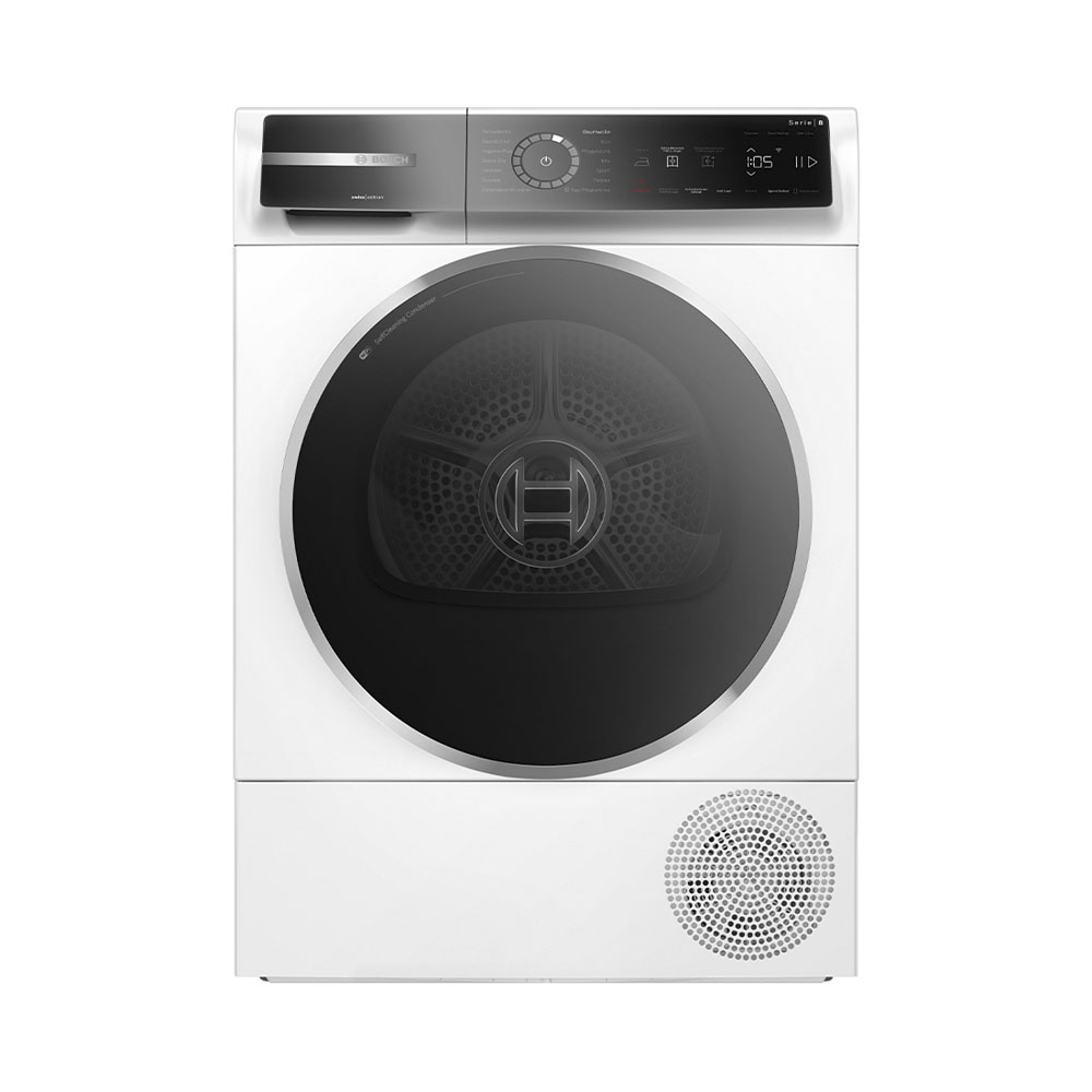Weißer Bosch-Wäschetrockner mit schwarzem Bullauge und digitalem Bedienfeld.