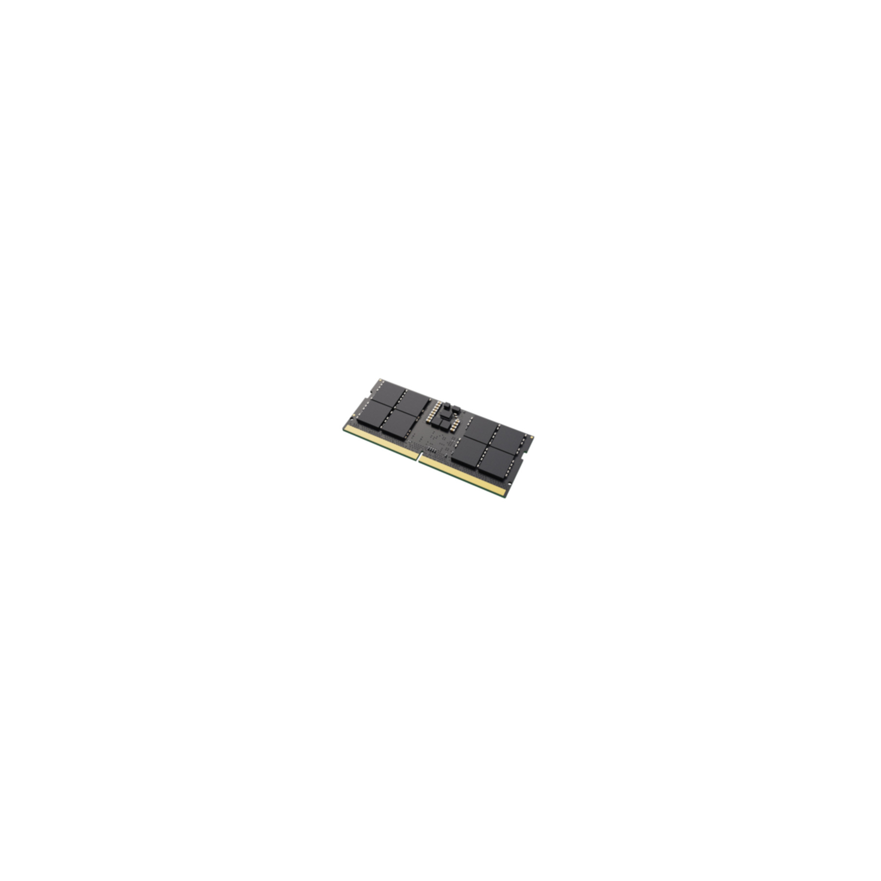 Un módulo de memoria RAM negro con varios chips negros y pines dorados sobre un fondo blanco.