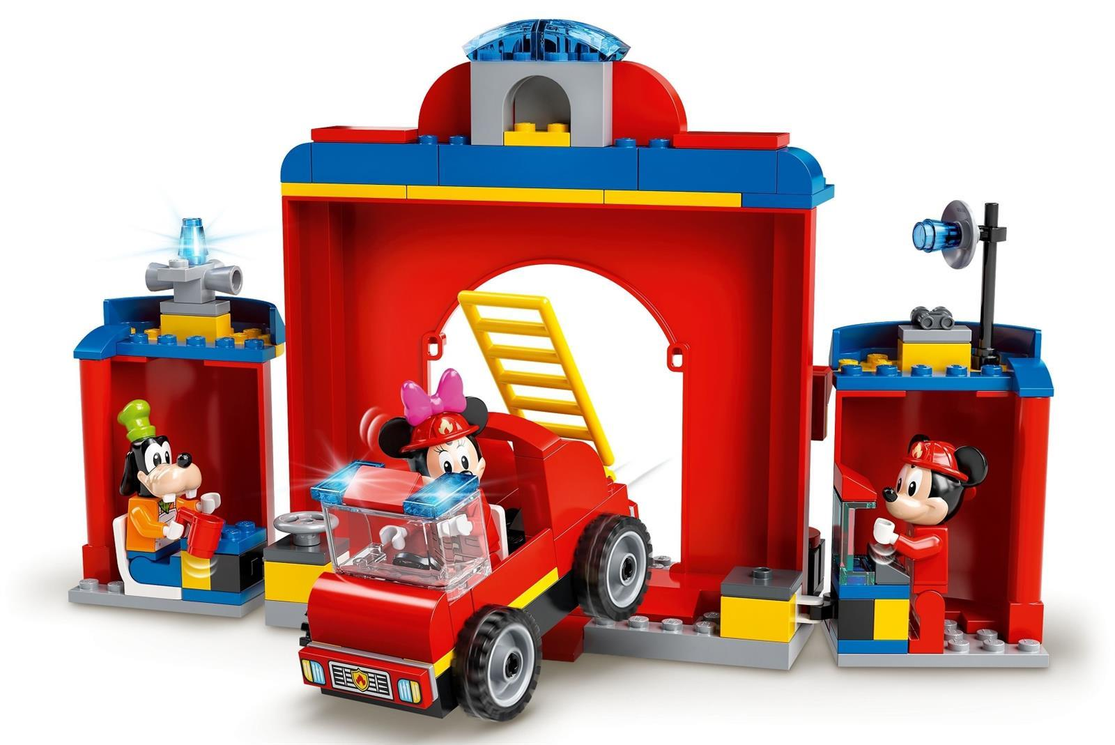 Lego Duplo Feuerwehrstation mit Minnie Maus im Feuerwehrauto, Goofy und Micky Maus in ihren Räumen.
