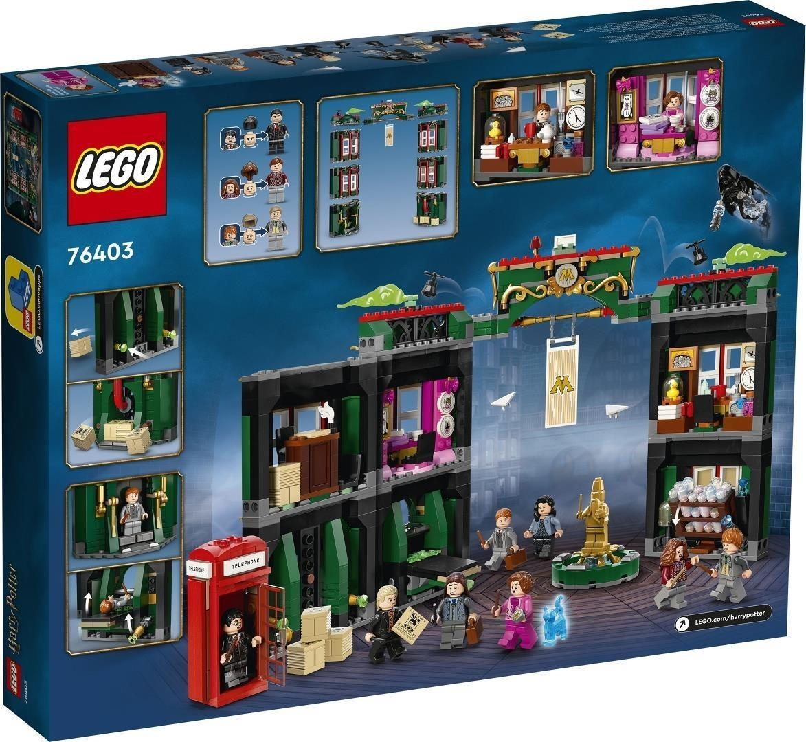 Rückseite der Lego Harry Potter 76403 Ministerium für Zauberei Set-Box mit Modell, Minifiguren und Funktionen.