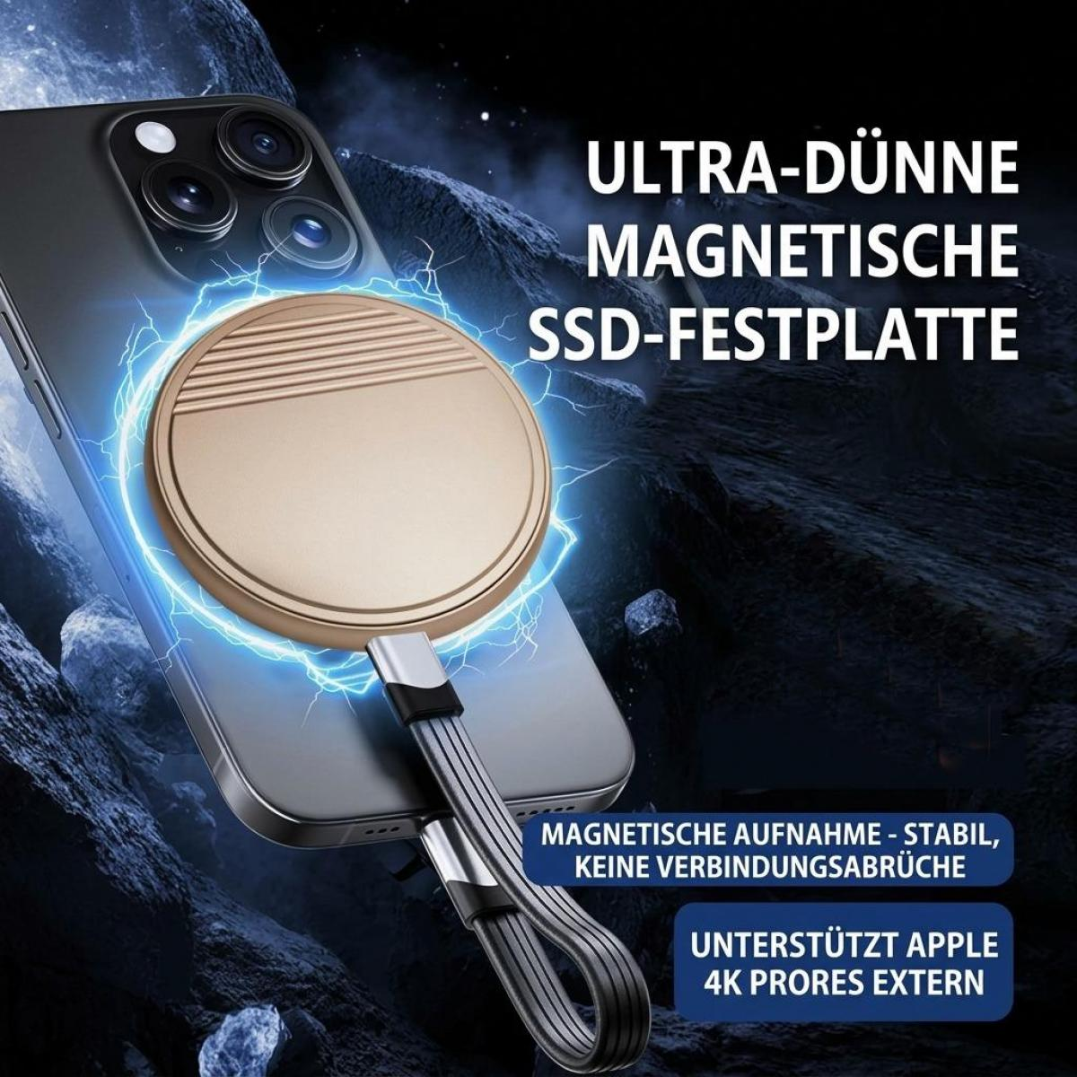 Goldene magnetische SSD befestigt an der Rückseite eines Smartphones auf felsigem Hintergrund.