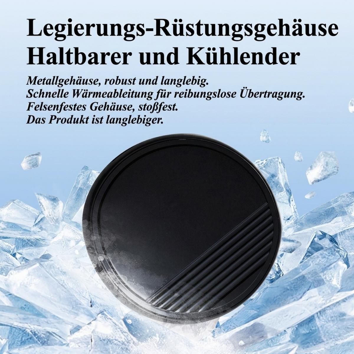 Ein schwarzes, rundes Metallgehäuse auf einem Hintergrund aus Eis mit deutschem Werbetext oben.