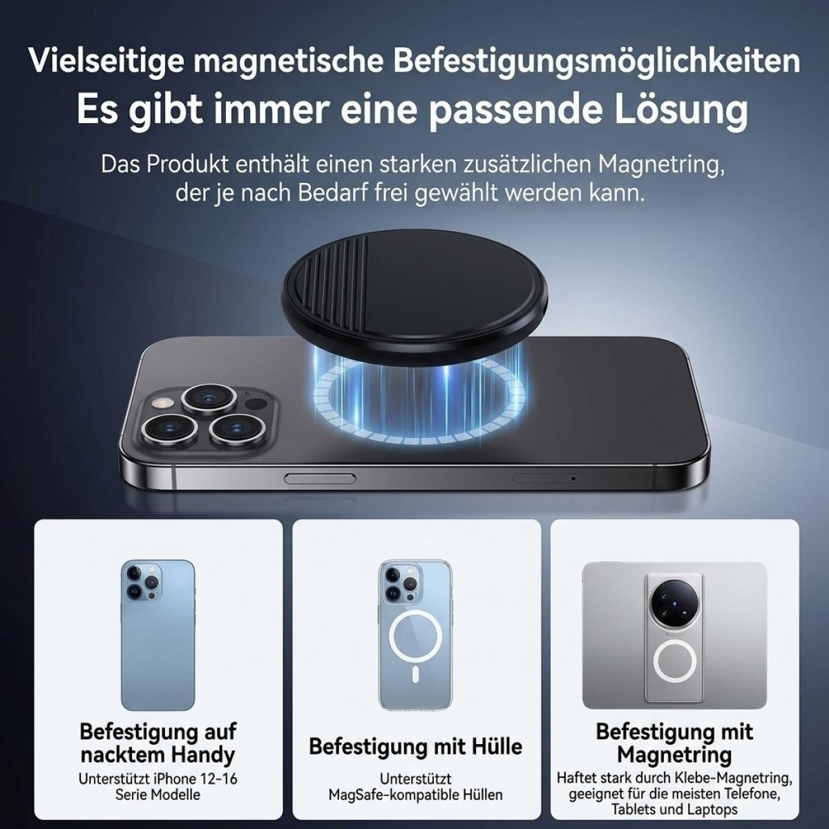 Schwarzer runder MagSafe-Halter über einem Smartphone, mit drei Anwendungsbeispielen unten.