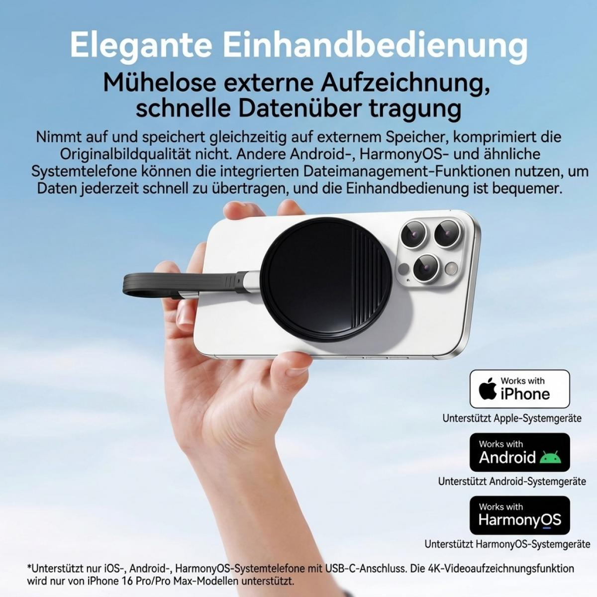 Hand hält weißes Smartphone mit schwarzem Zubehör, deutsche Werbetexte und Kompatibilitätslogos.