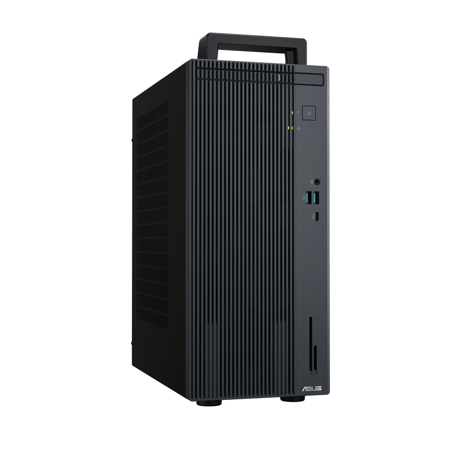 Ein schwarzer Asus-Desktop-Computer mit vertikalen Rillen auf der Vorderseite und einem Griff oben.