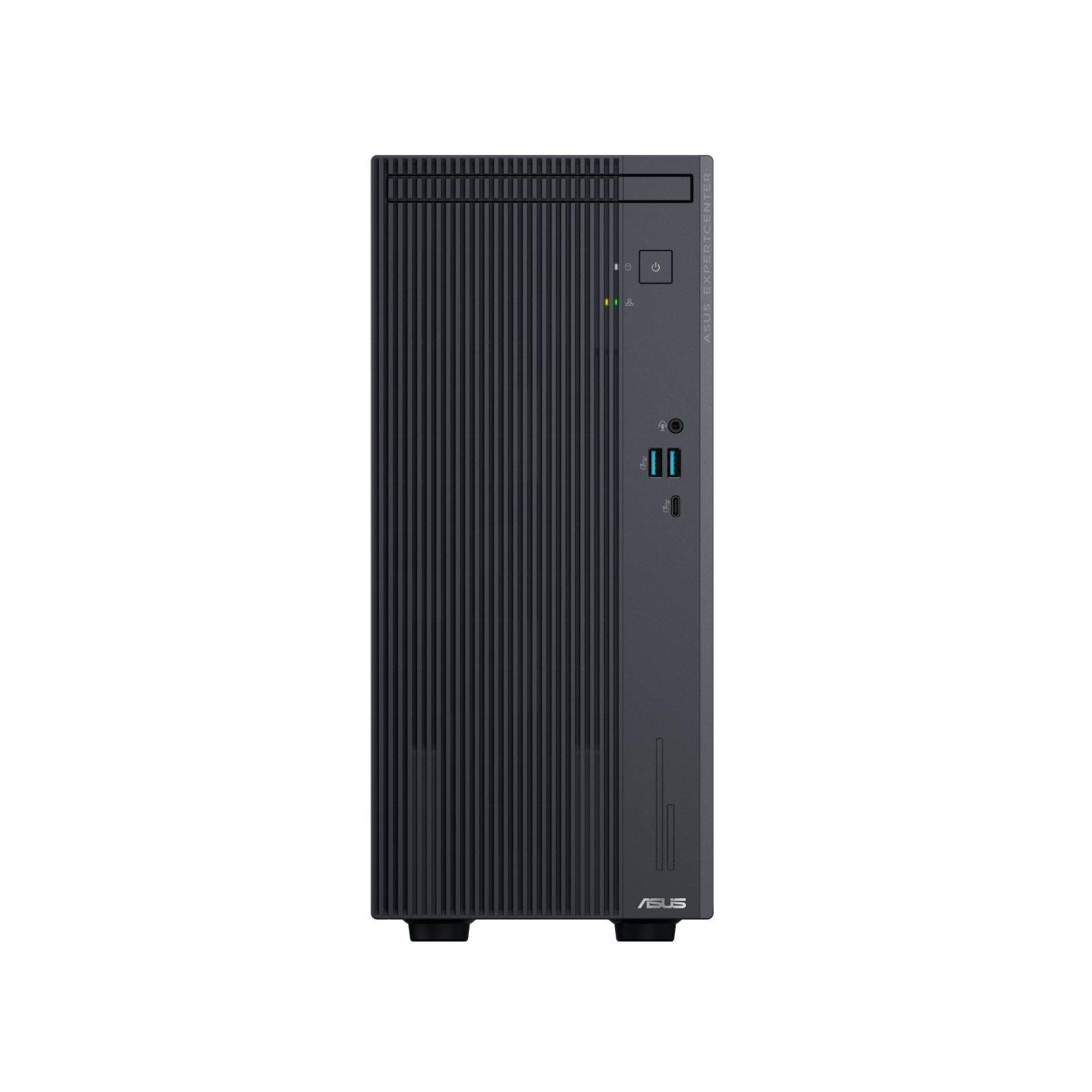 Frontansicht eines schwarzen ASUS ExpertCenter Desktop-PCs mit vertikalen Rillen auf einem weißen Hintergrund.