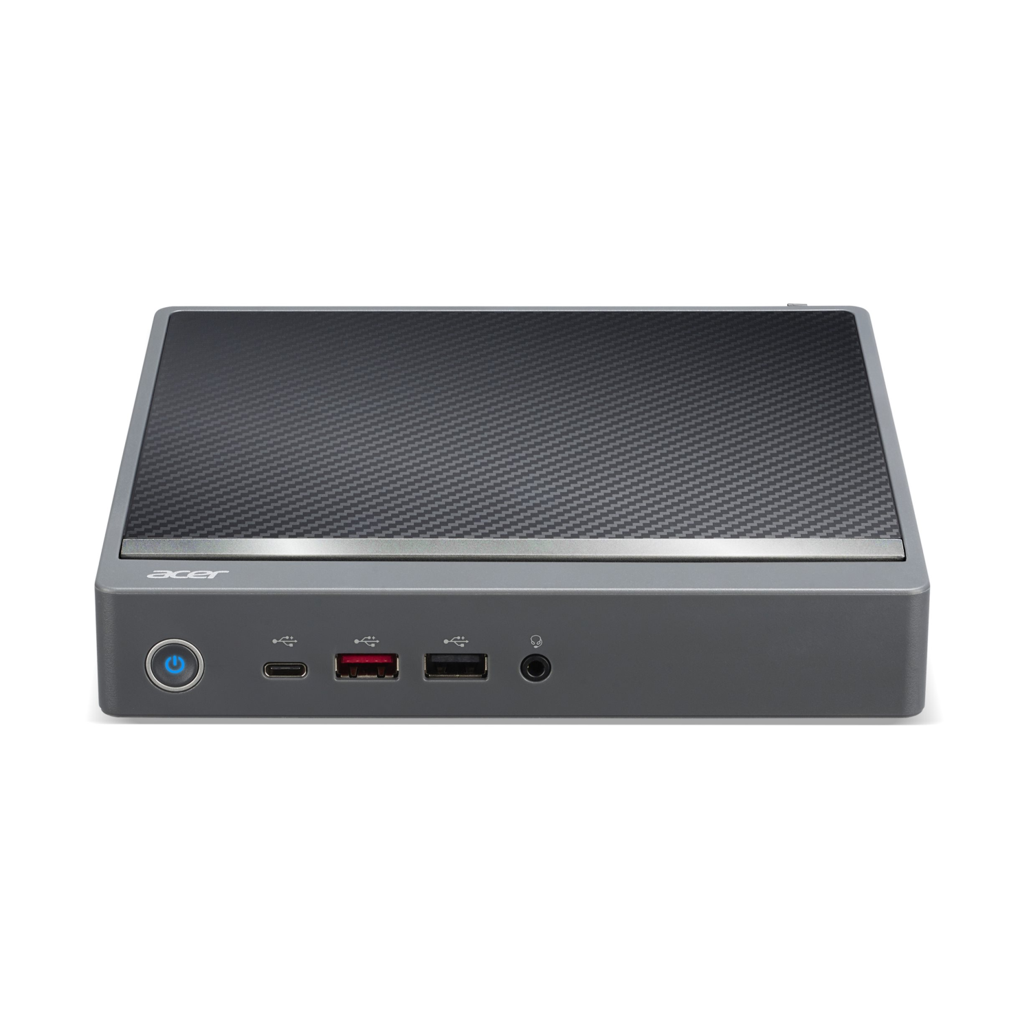 Acer Mini-PC mit grauem Gehäuse, Carbon-Oberseite, vorderem Einschaltknopf, USB-Anschlüssen und Klinkenbuchse.