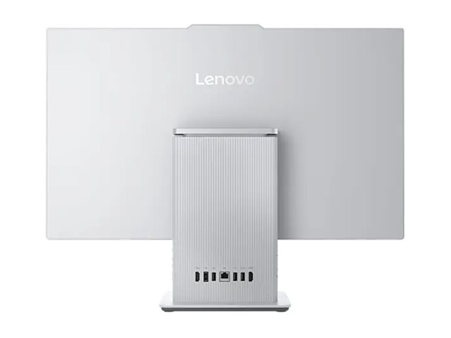 Rückseite eines silbernen Lenovo-Monitors mit geripptem Standfuß und sichtbaren Anschlüssen.