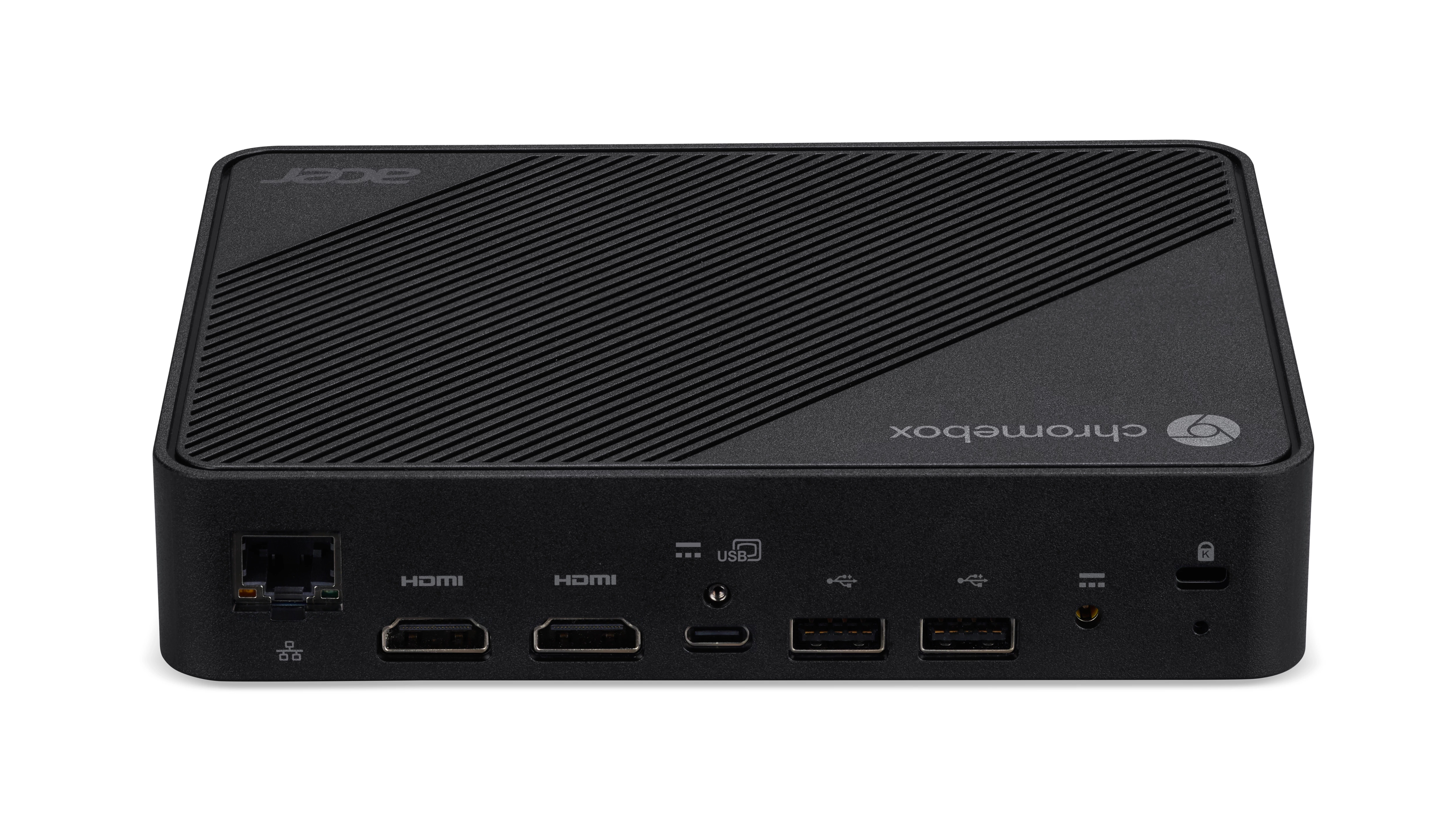 Schwarze Acer Chromebox mit LAN, zwei HDMI, USB-C, zwei USB-Ports und Audioanschluss auf der Vorderseite.